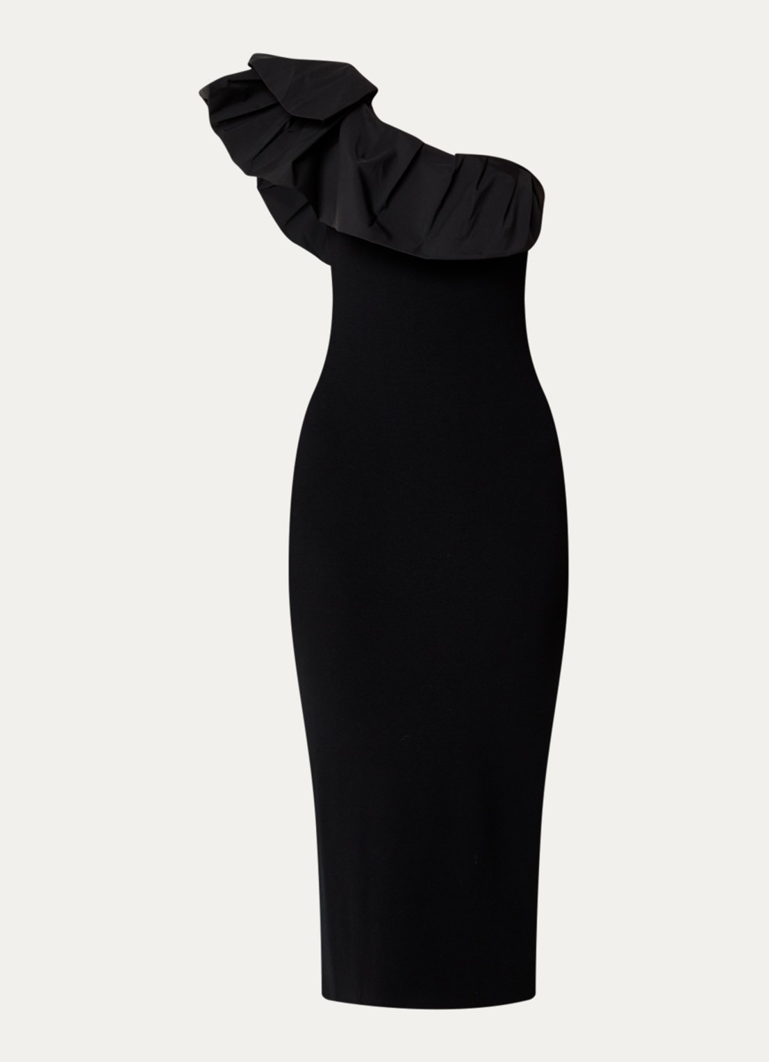 Essentiel Antwerp Klack one shoulder midi jurk - voorkant 3 zwart