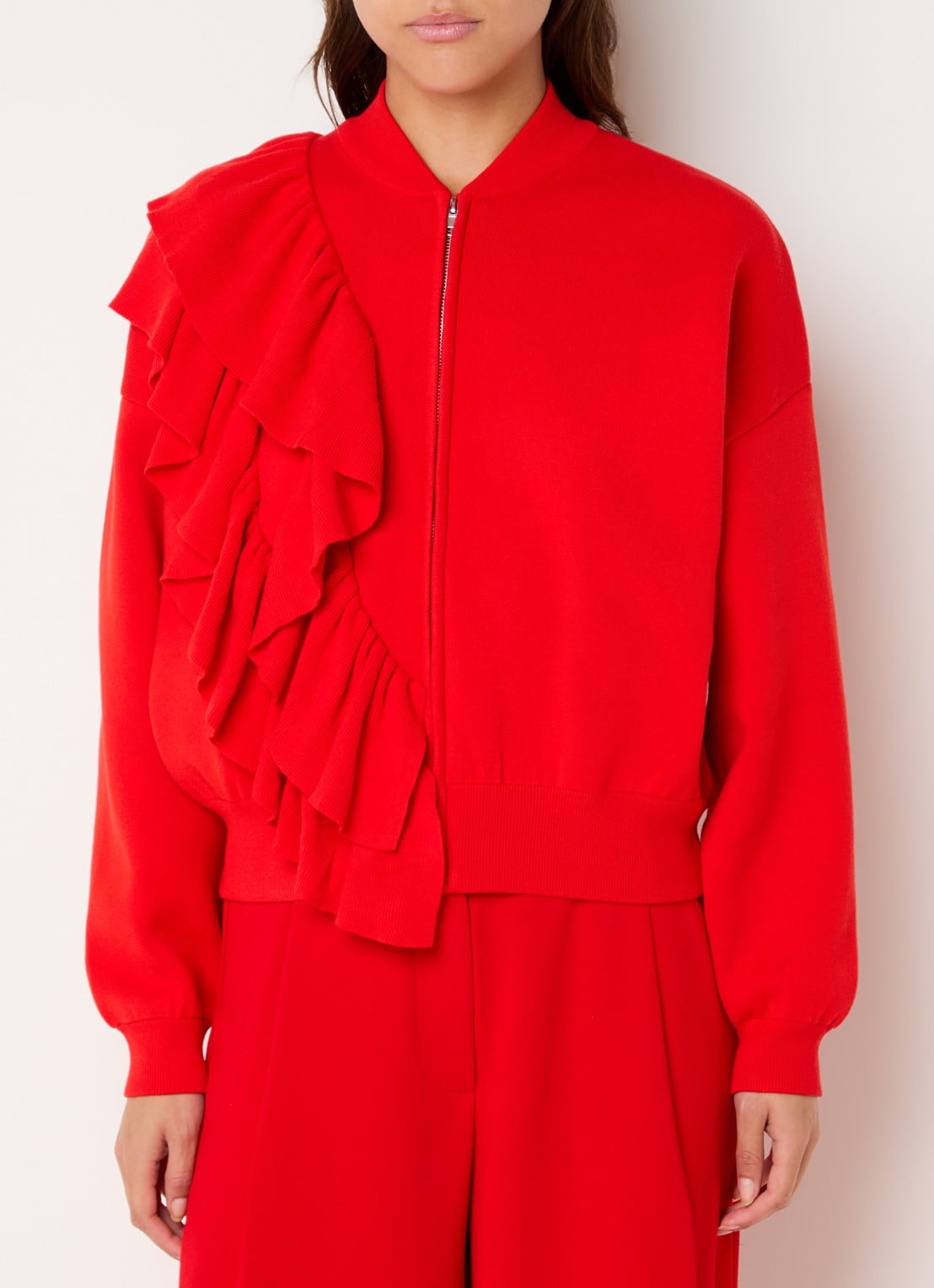 Essentiel Antwerp Kodi sweatvest met ruches - detail rood