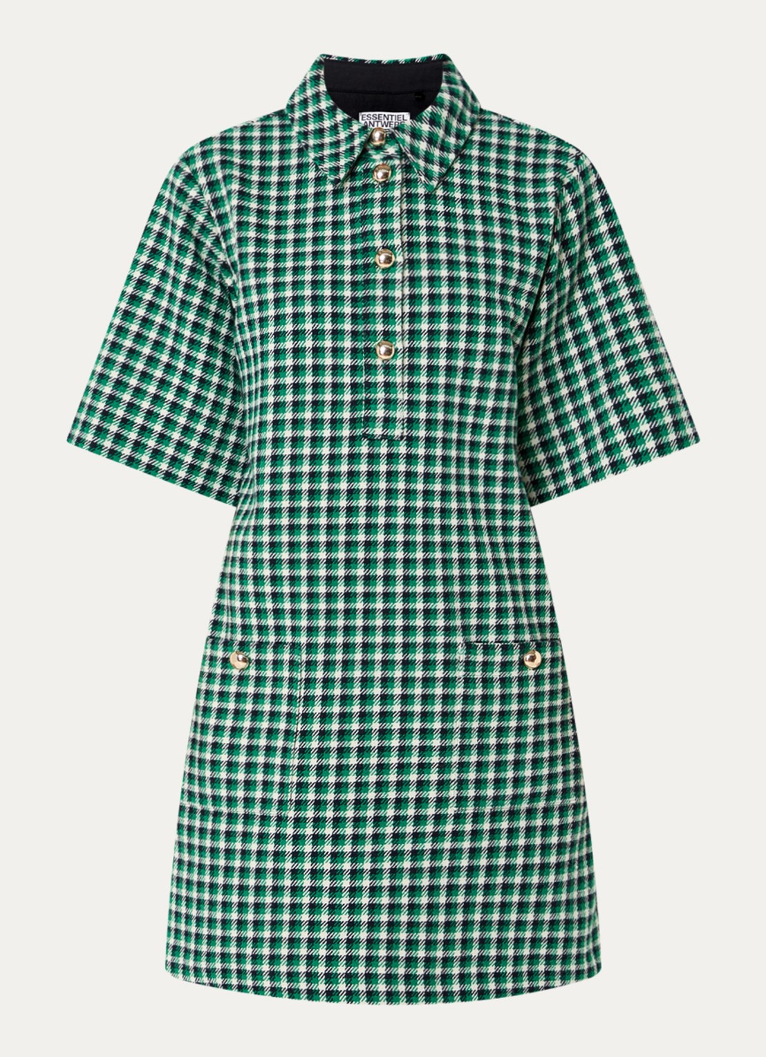Essentiel Antwerp Kooky midi tuniekjurk in wolblend met ruitdessin - voorkant 3 donkergroen