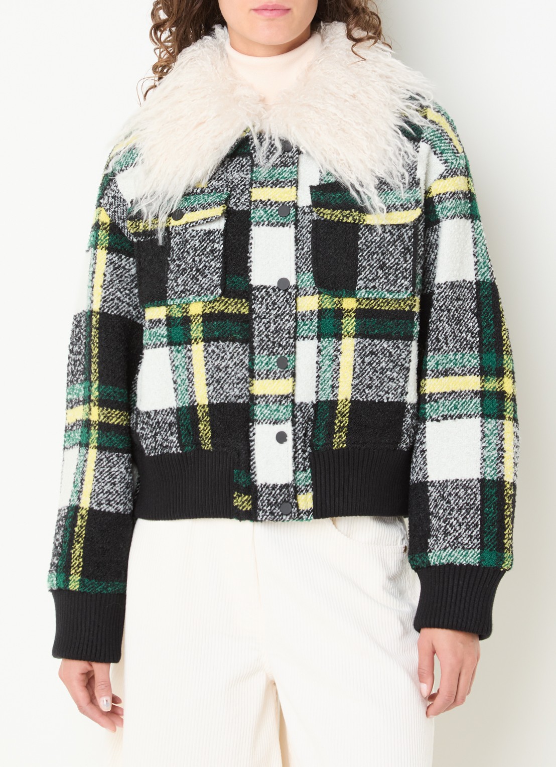 Essentiel Antwerp Kpop bomberjack met tweed-look en afneembare kraag van imitatiebont - detail gebroken wit