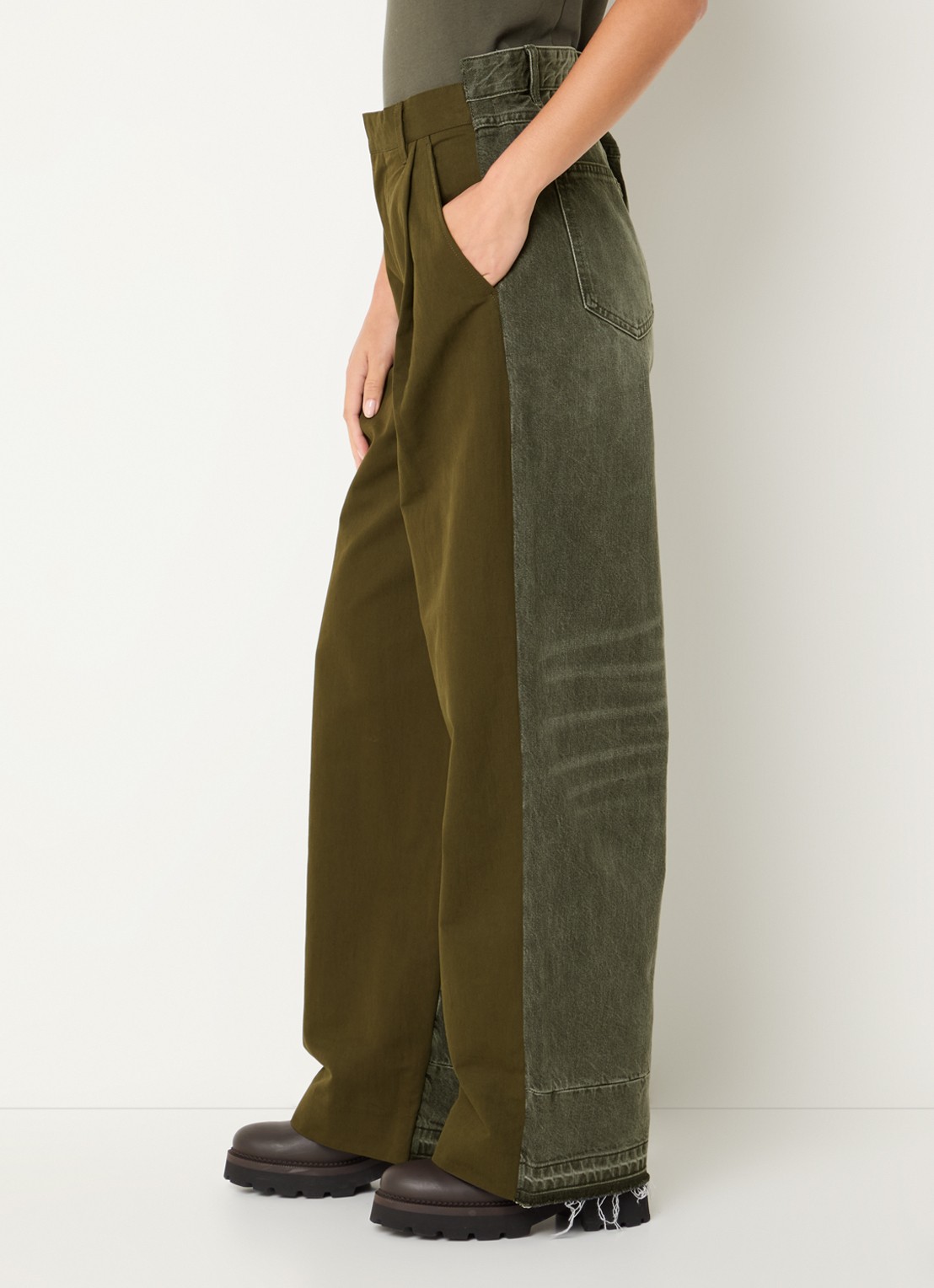Essentiel Antwerp Krisp high waist wide fit broek met details van denim en steekzakken - detail 2 donkergroen