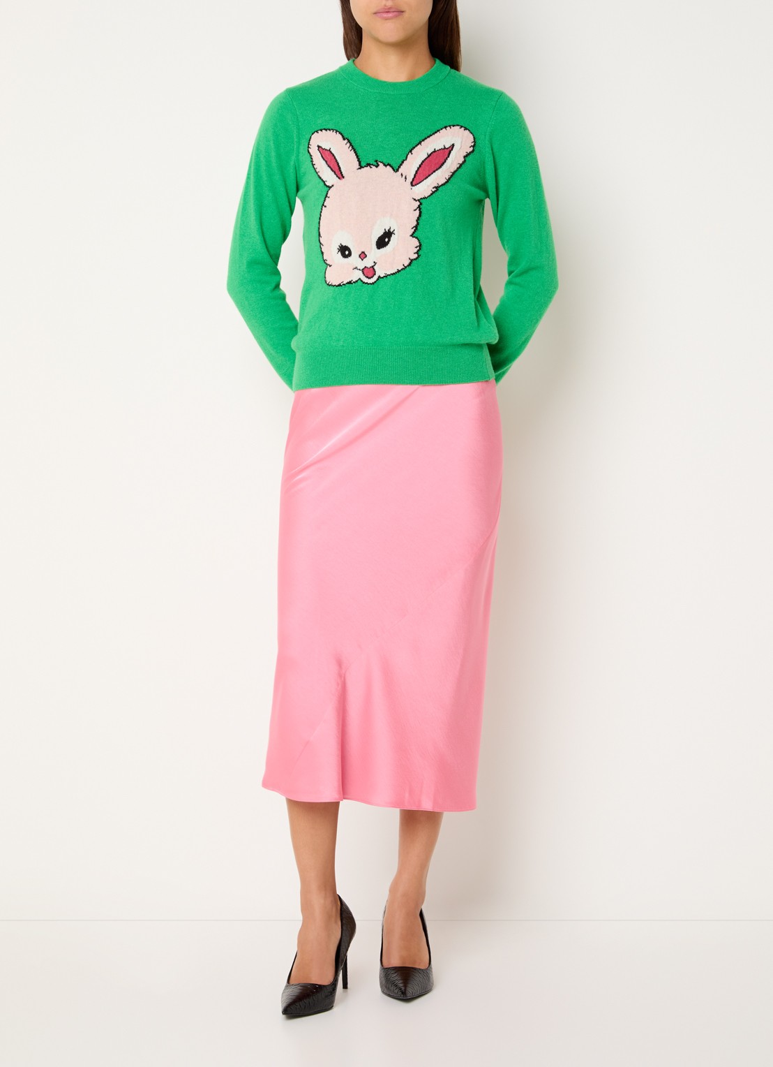Essentiel Antwerp Krump midi rok van satijn - voorkant 2 roze