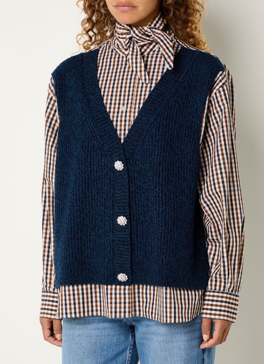 Essentiel Antwerp Kute blouse met ruitdessin - detail donkerblauw