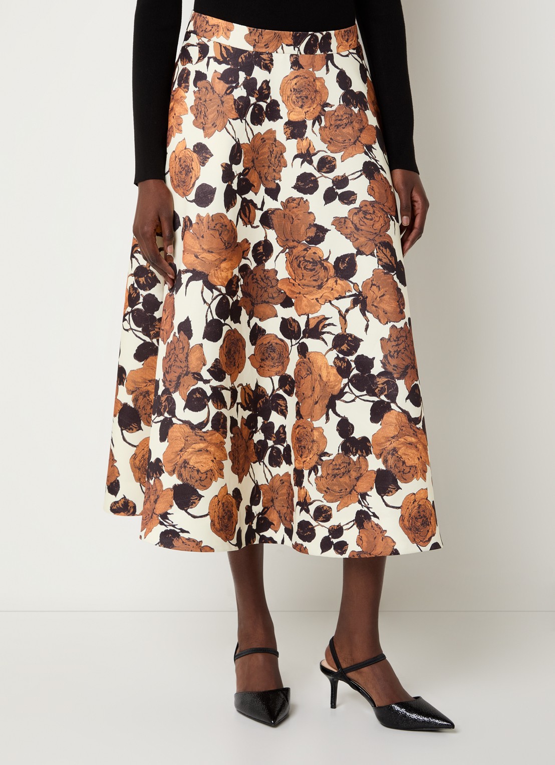 Essentiel Antwerp Midi A-lijn rok met steekzakken en bloemenprint - detail 3 beige