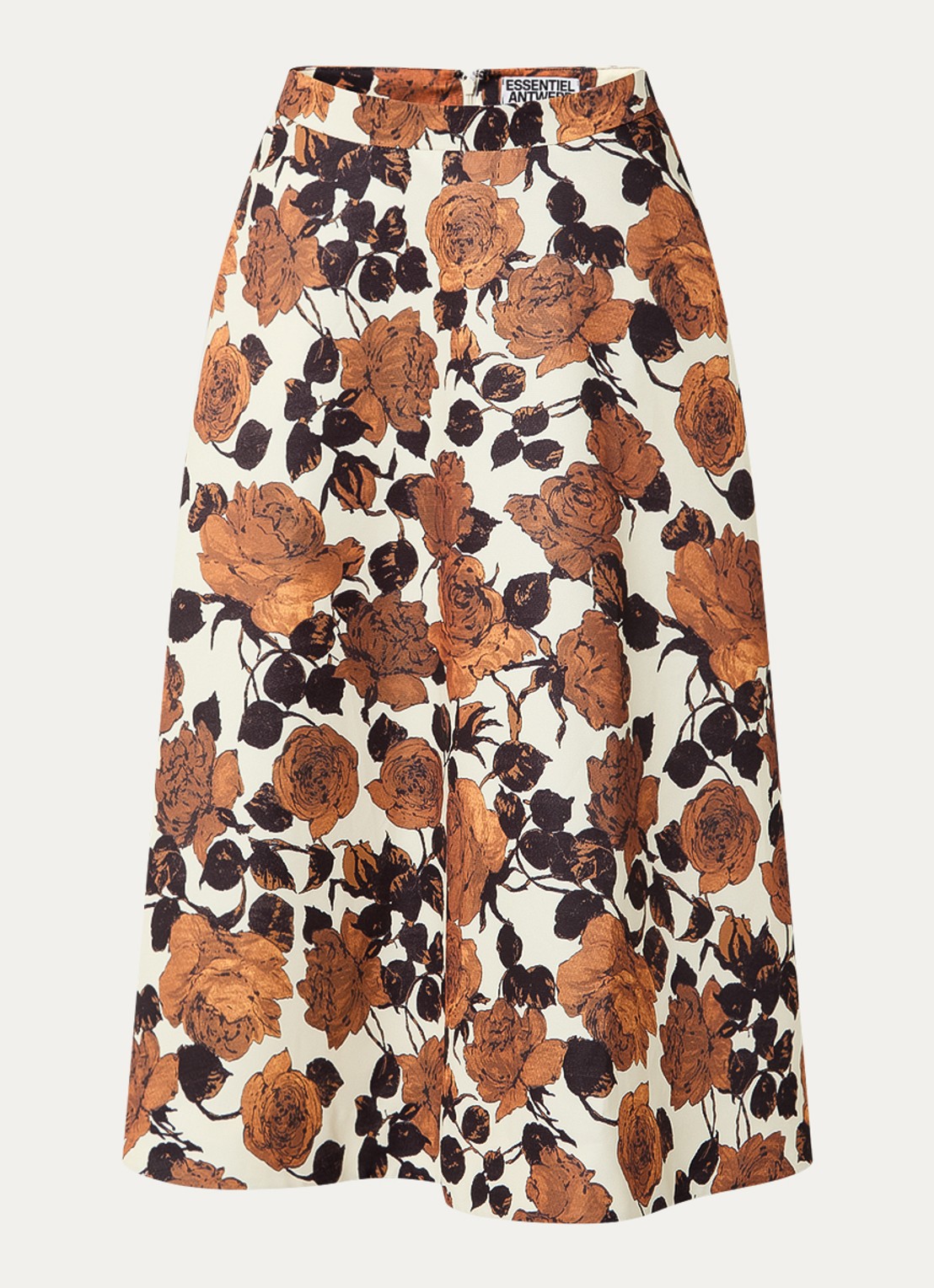 Essentiel Antwerp Midi A-lijn rok met steekzakken en bloemenprint - voorkant beige