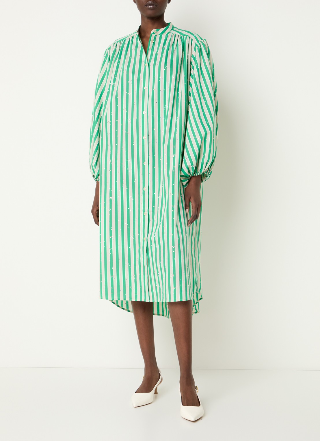 Essentiel Antwerp Midi blousejurk met strass en strikceintuur - detail 4 groen