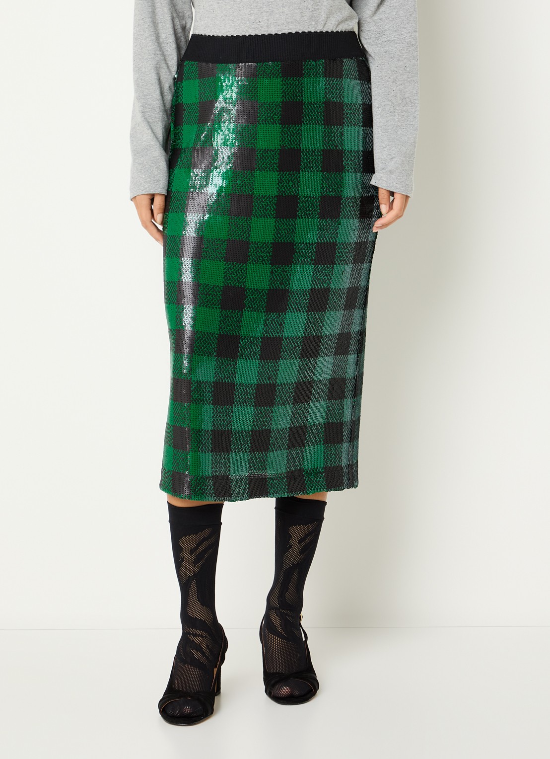 Essentiel Antwerp Midi kokerrok met pailletten en ruitdessin - detail donkergroen