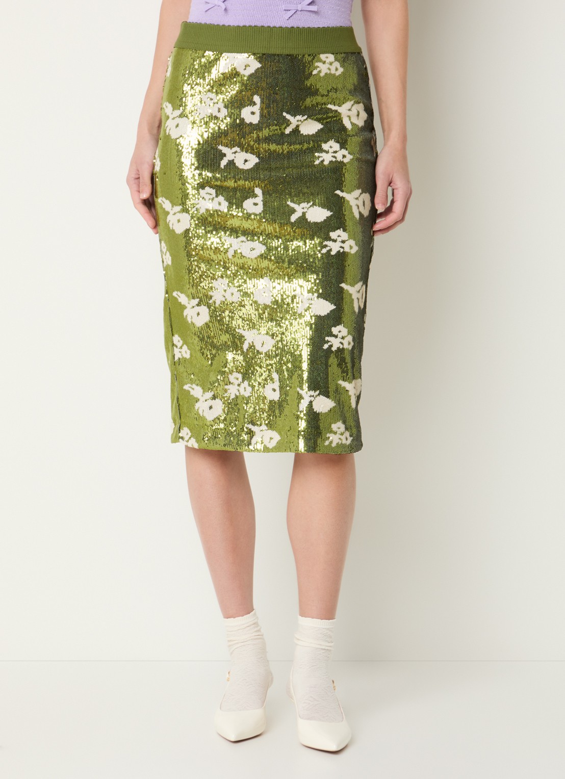 Essentiel Antwerp Midi rok met pailletten - detail 3 groen