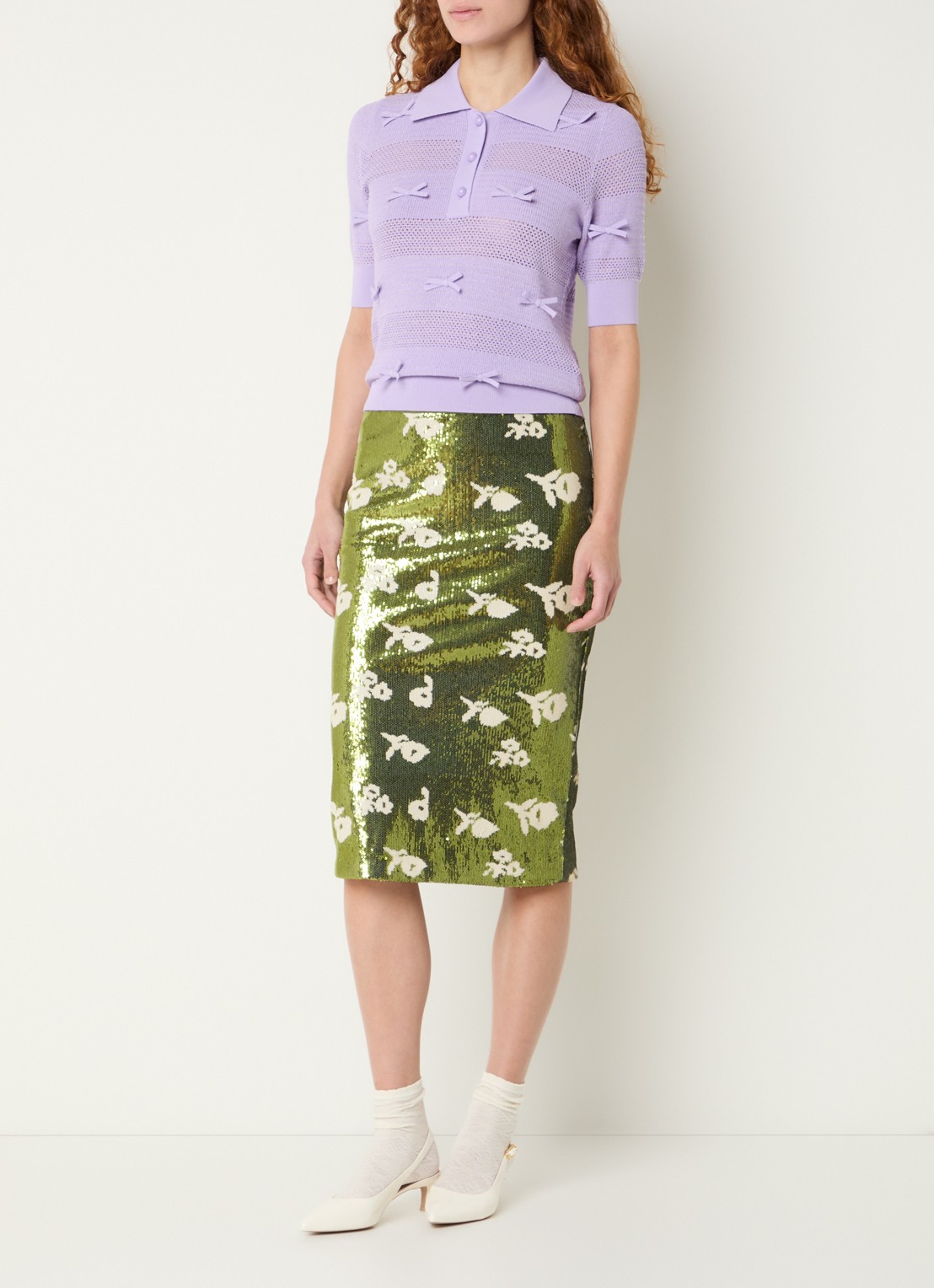 Essentiel Antwerp Midi rok met pailletten - voorkant 2 groen