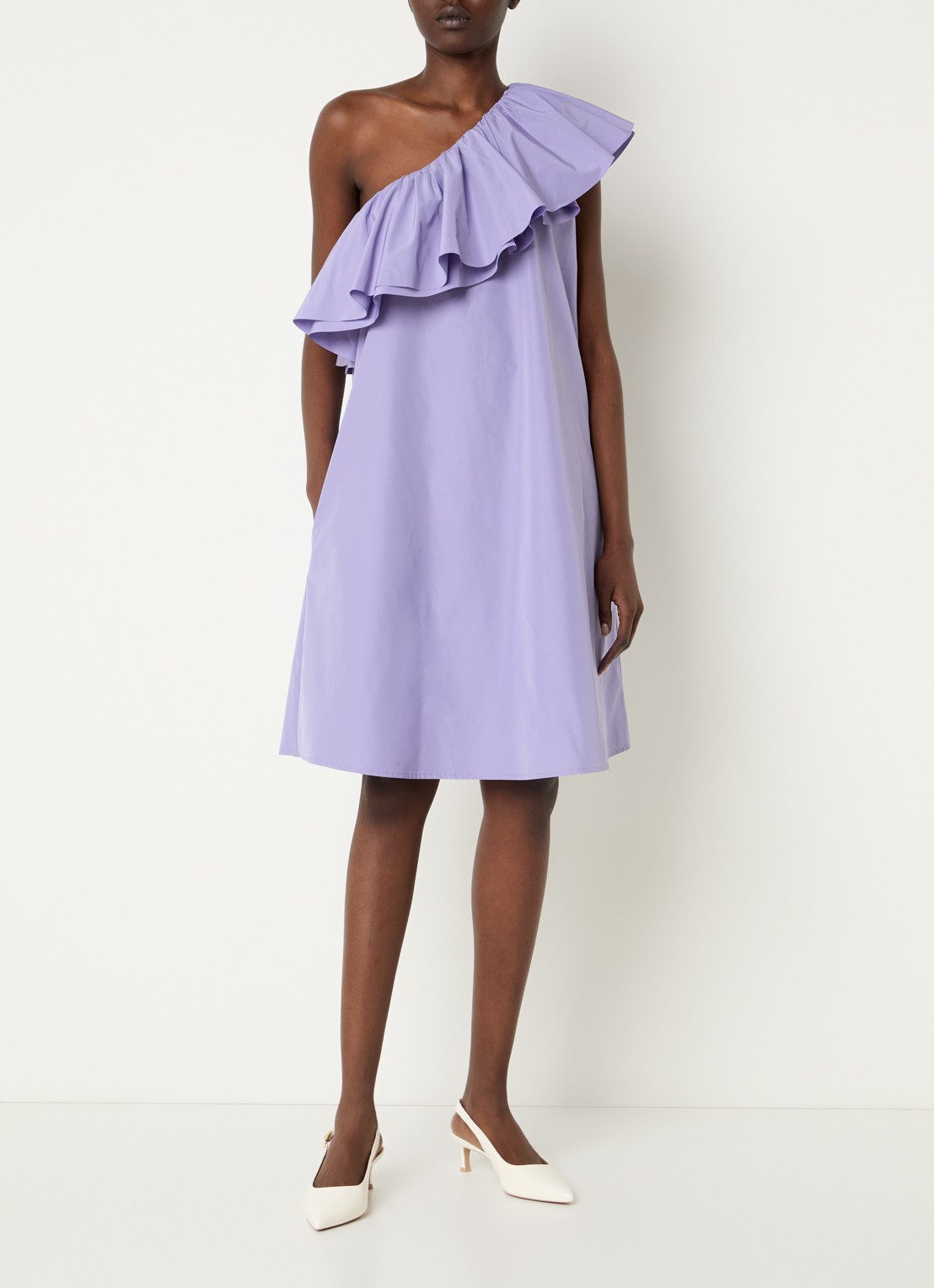 Essentiel Antwerp Mini jurk met asymmetrische hals en volant - voorkant 3 paars