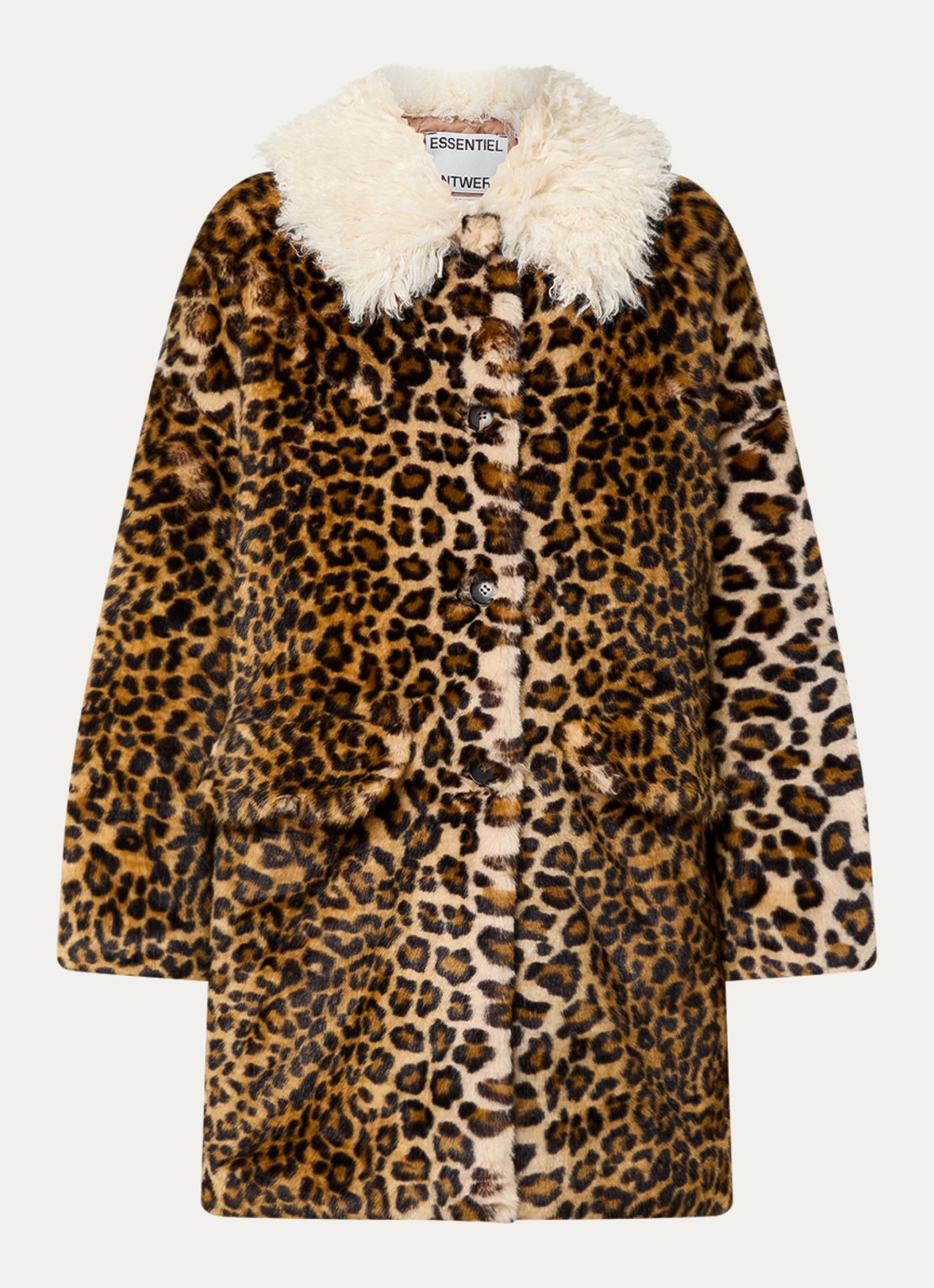 Essentiel Antwerp Oversized mantel van imitatiebont met panterprint - voorkant bruin
