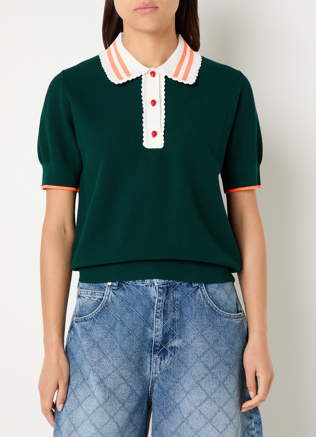 Essentiel Antwerp Polo met pofmouw - detail 3 donkergroen