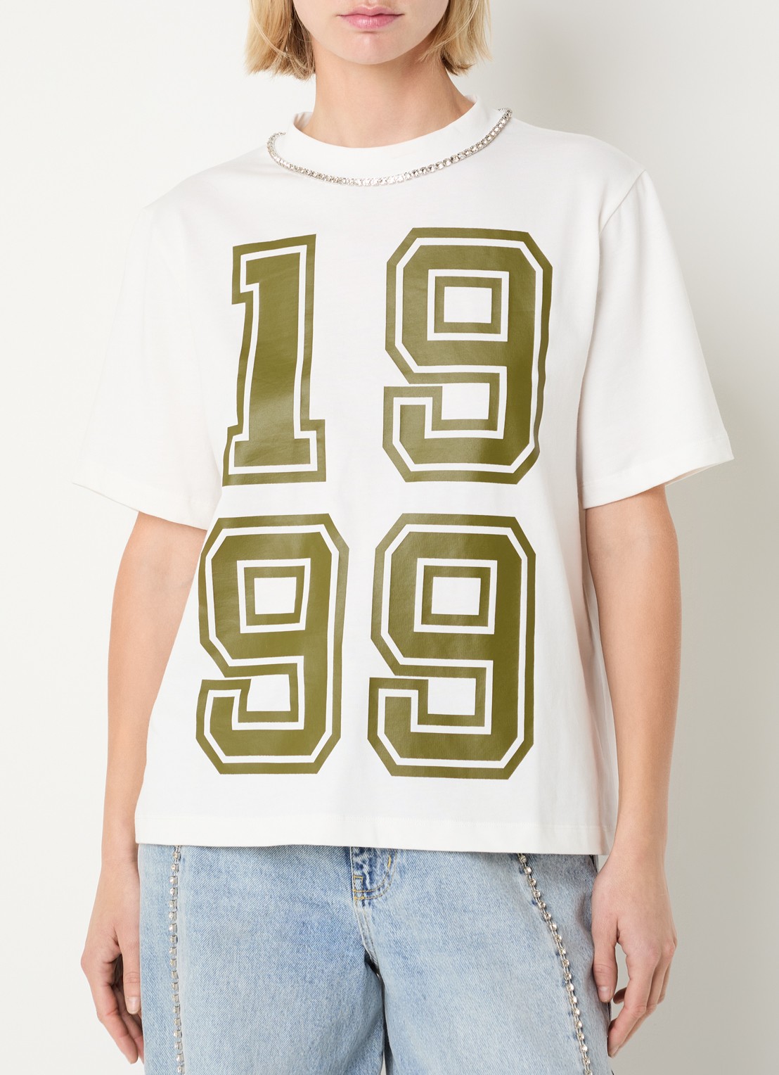 Essentiel Antwerp T-shirt met print en strass - detail wit