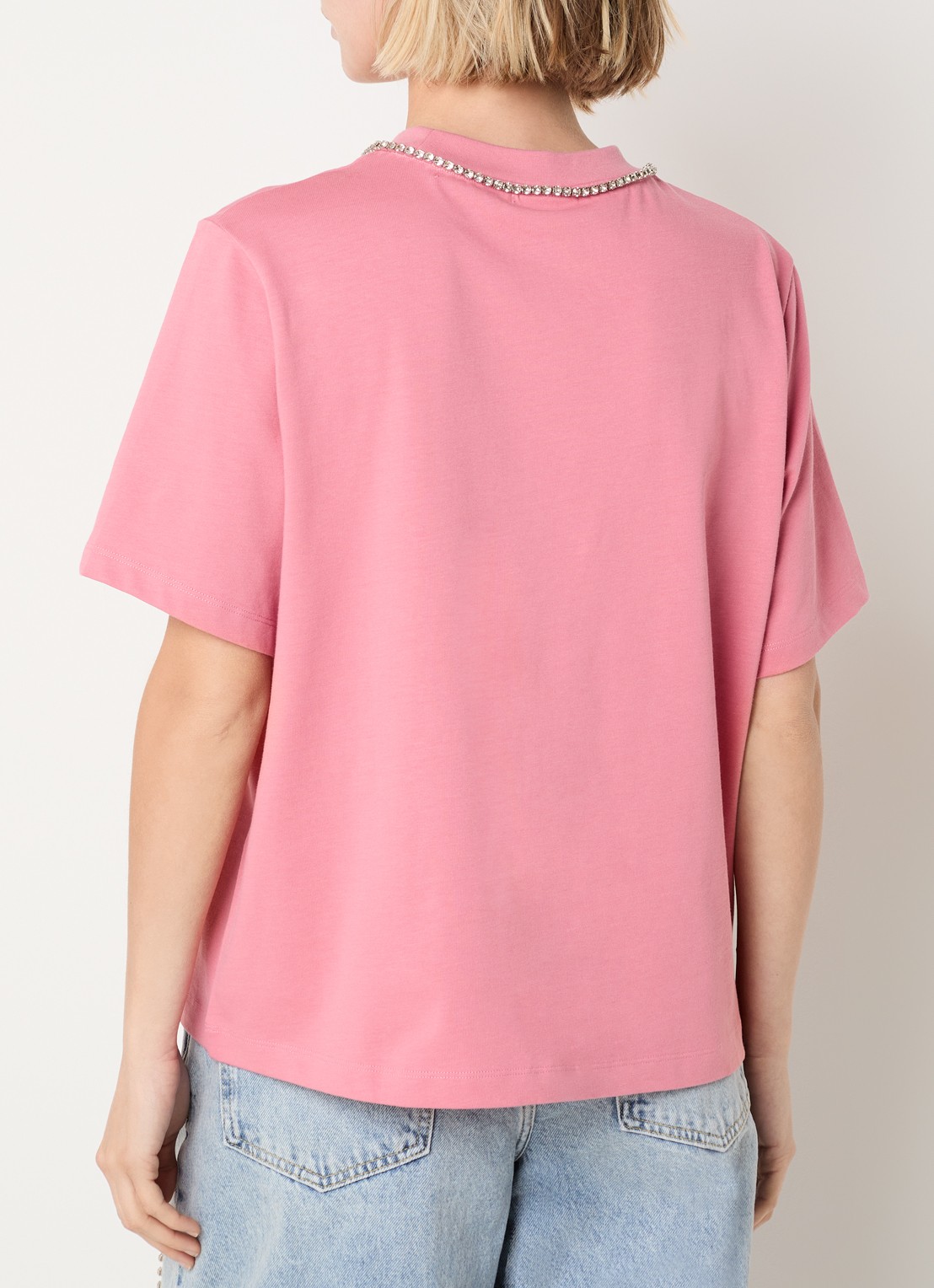 Essentiel Antwerp T-shirt met print en strass - achterkant 4 koraalroze
