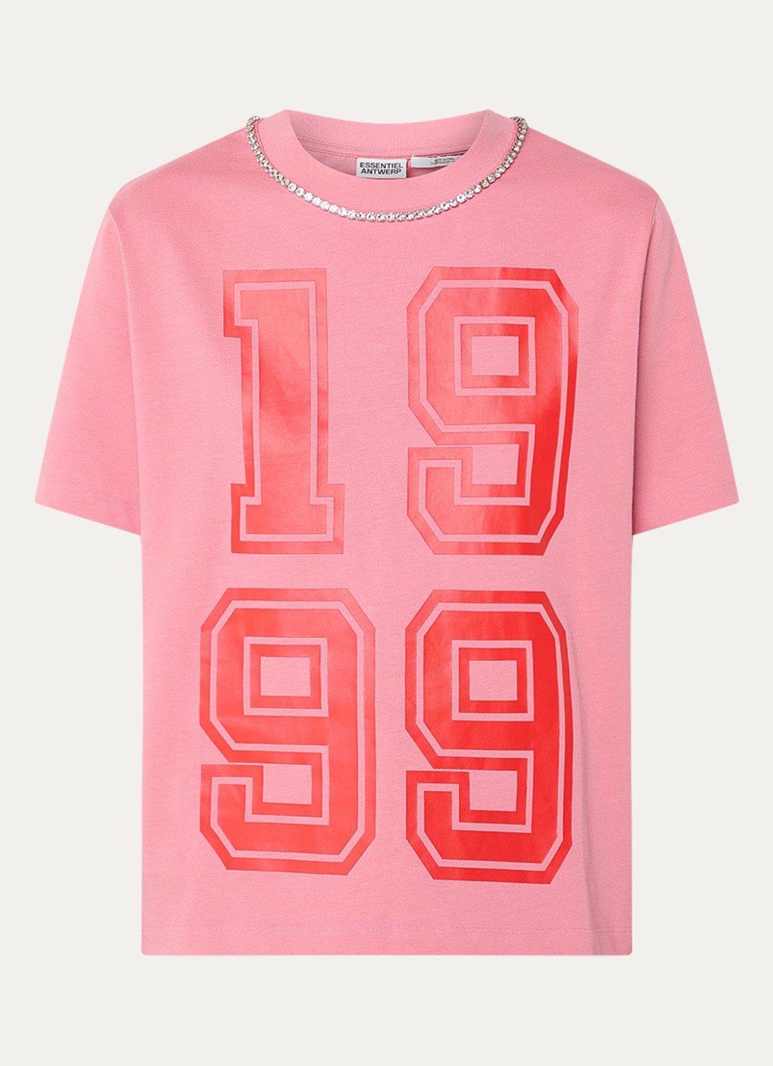 Essentiel Antwerp T-shirt met print en strass - voorkant 2 koraalroze