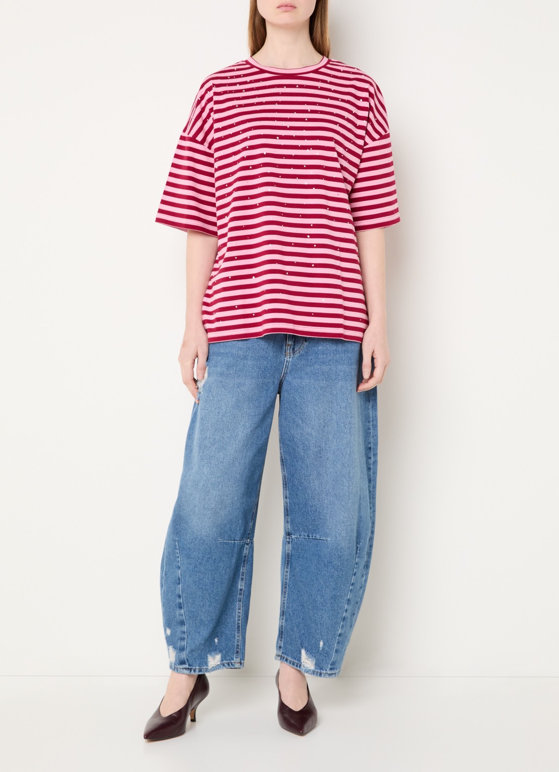Essentiel Antwerp T-shirt met streepprint en strass  - voorkant 3 rood