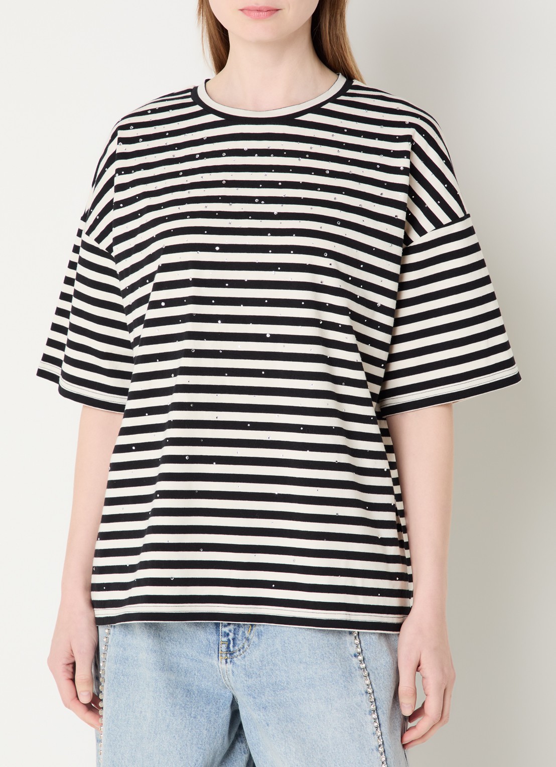 Essentiel Antwerp T-shirt met streepprint en strass  - detail 5 zwart