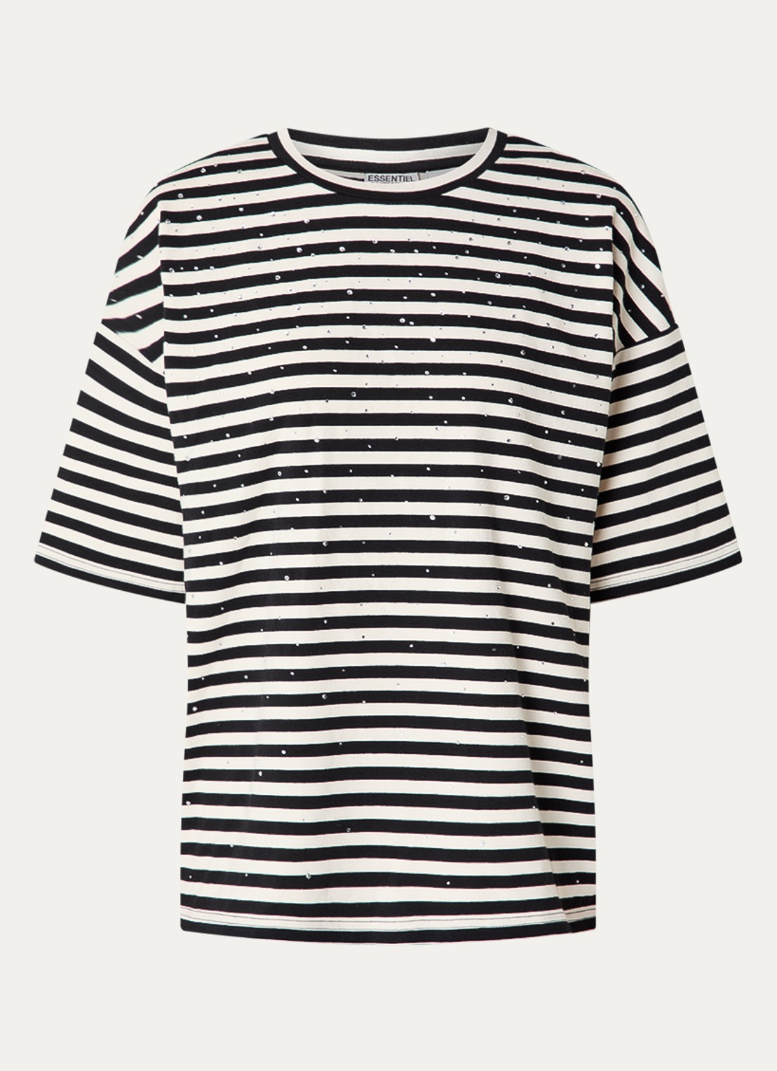 Essentiel Antwerp T-shirt met streepprint en strass  - voorkant 4 zwart