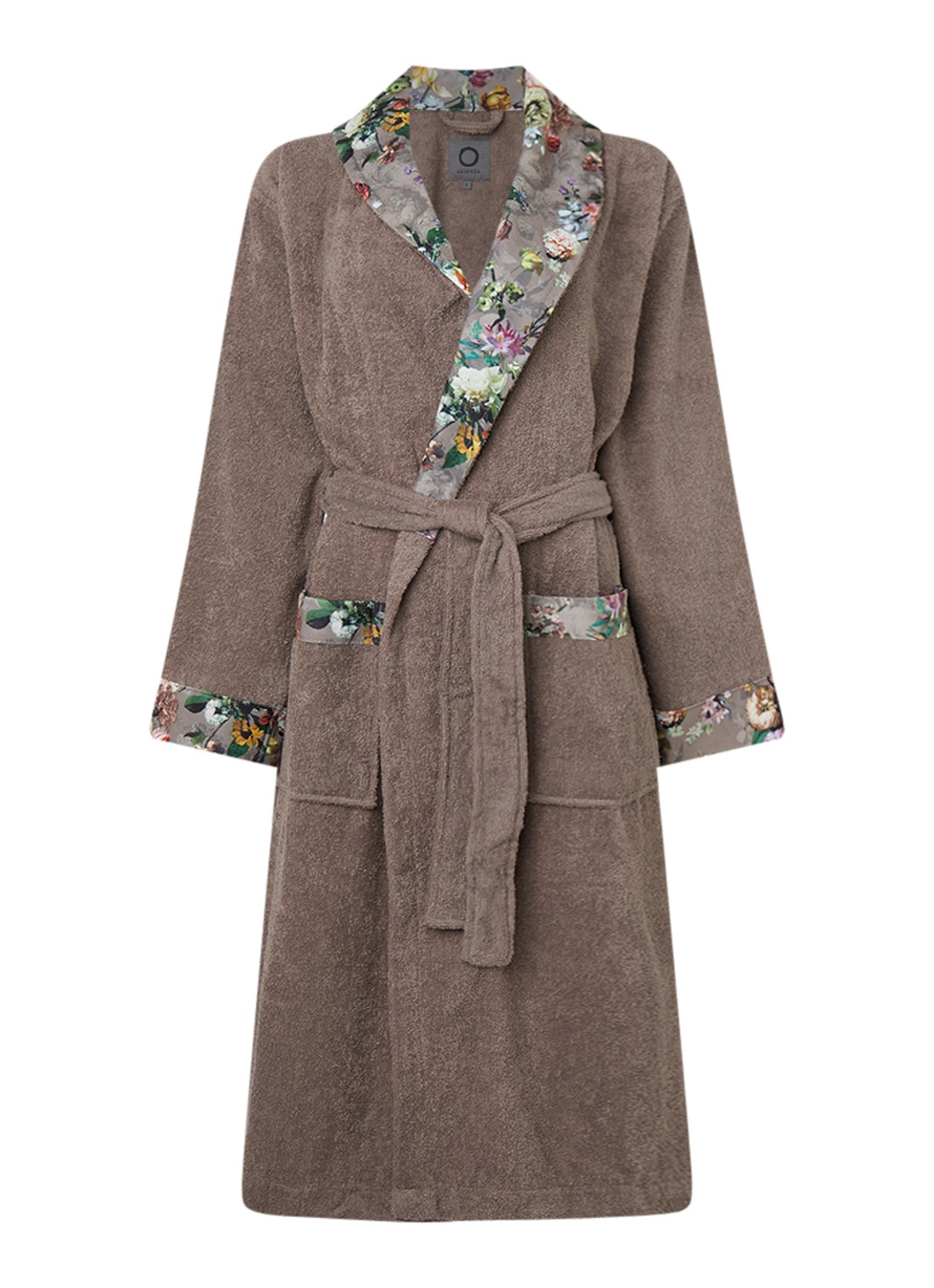 Essenza Fleur badjas met contrastvoering en bloemenprint - voorkant 3 taupe