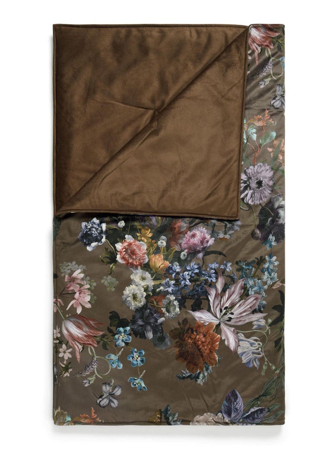 Essenza Isabelle plaid met bloemenprint 170 x 135 cm - voorkant donkerbruin
