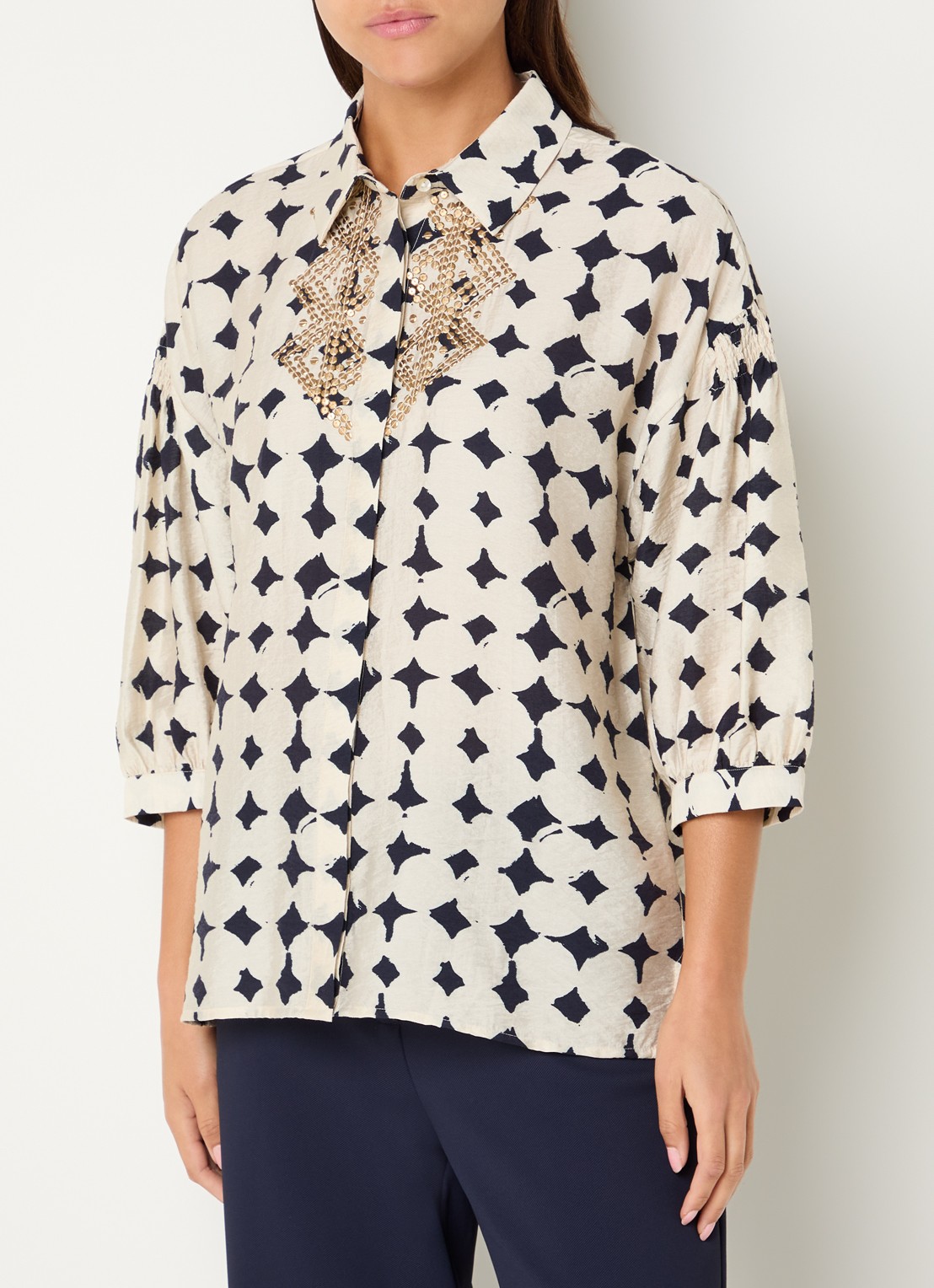 Expresso Blouse met pailletten en print - detail ivoor
