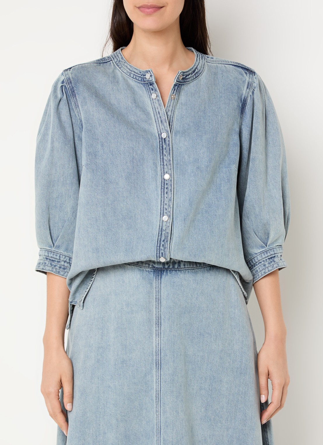 Expresso Blouse van denim met pofmouw - detail 3 indigo