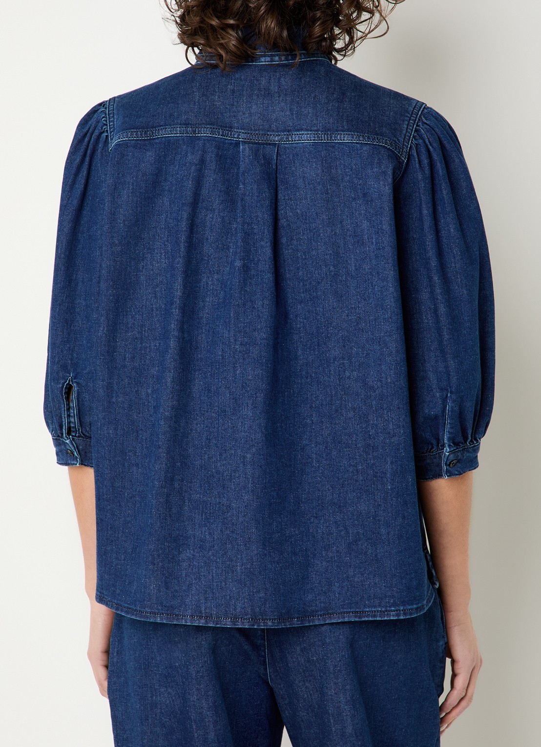 Expresso Blouse van denim met sjaalkraag - achterkant indigo