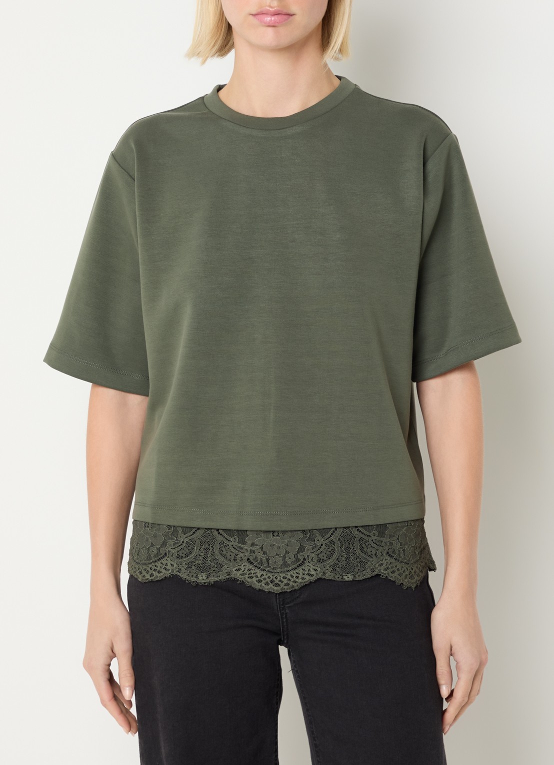 Expresso Cupro T-shirt met details van kant - detail 2 bronsgroen
