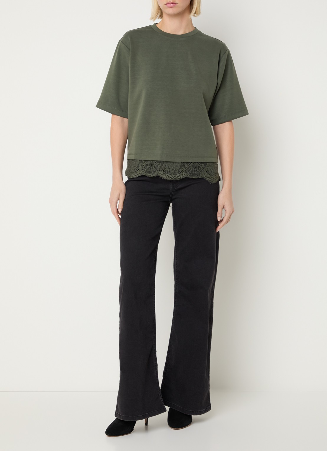 Expresso Cupro T-shirt met details van kant - voorkant 4 bronsgroen