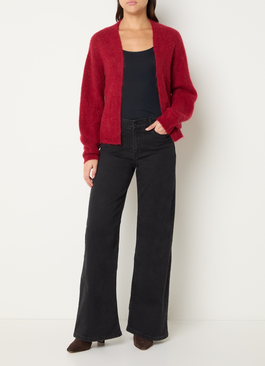 Expresso Fijngebreid openvallend vest in alpaca wolblend - voorkant 2 rood