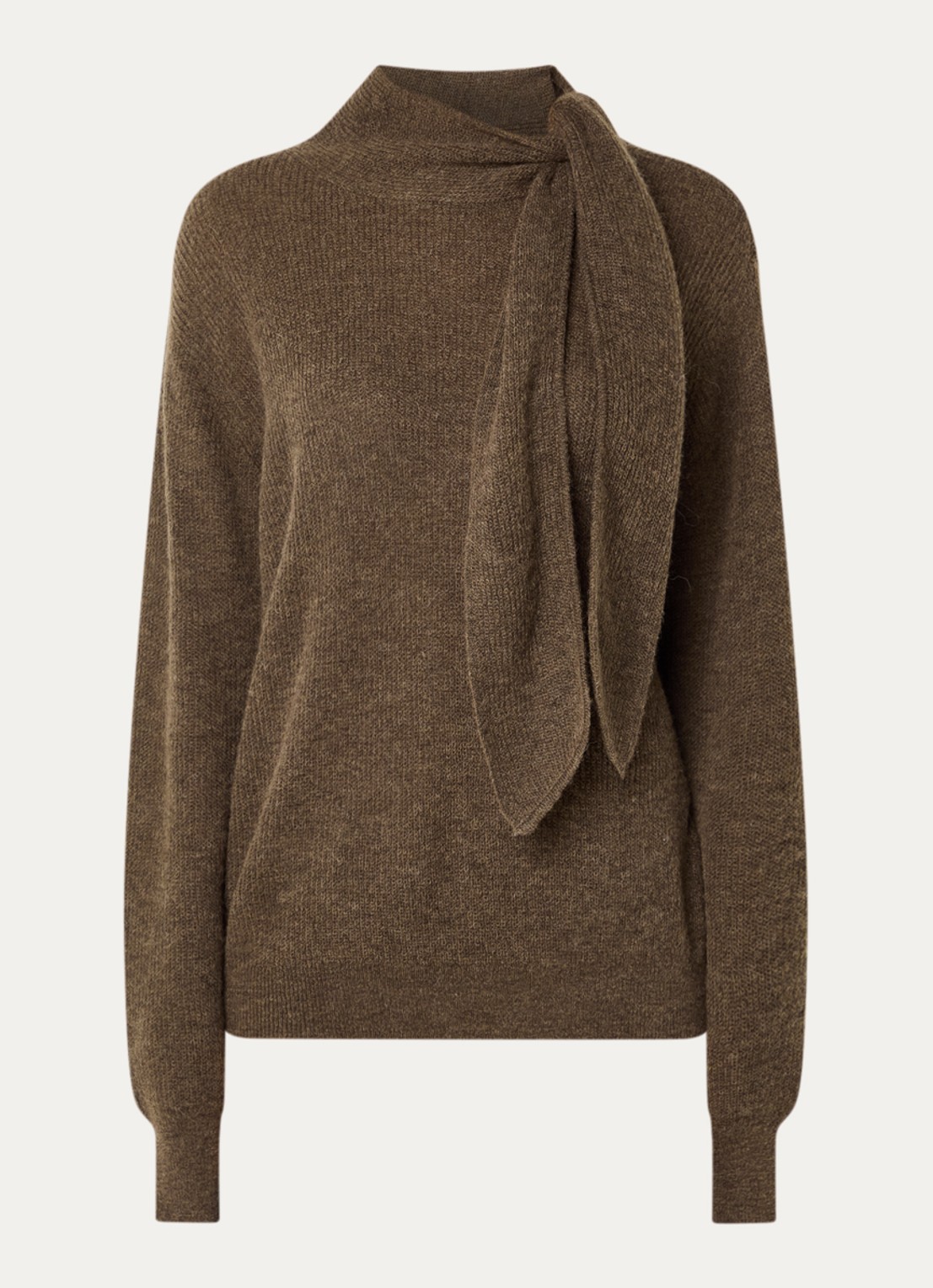 Expresso Fijngebreide pullover in alpaca wolblend met sjaalkraag - voorkant 3 lichtbruin