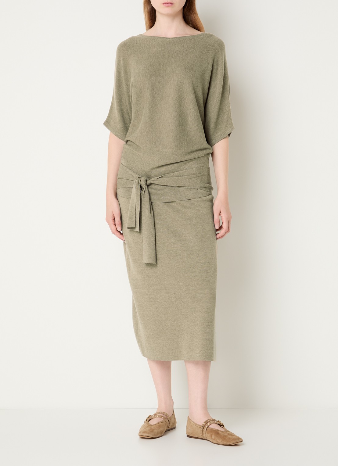 Expresso Fijngebreide pullover in wolblend met strikceintuur - voorkant 3 beige