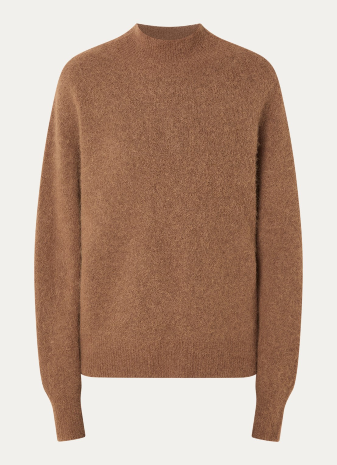 Expresso Fijngebreide trui in alpaca wolblend met opstaande kraag - voorkant camel