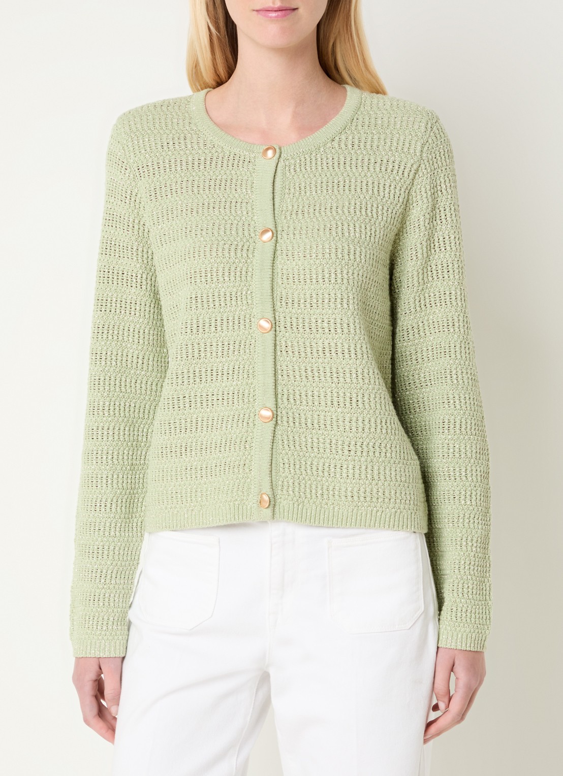 Expresso Grofgebreid vest met pailletten - detail 4 lichtgroen