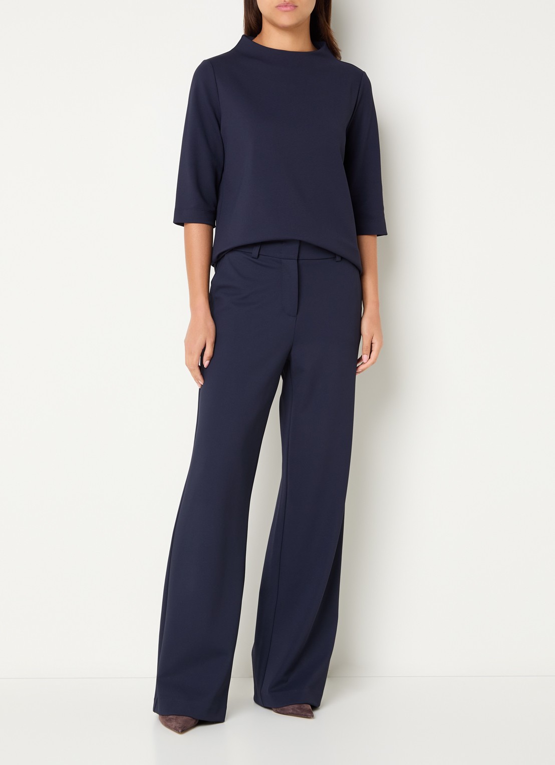 Expresso High waist flared fit broek met steekzakken - voorkant 3 donkerblauw