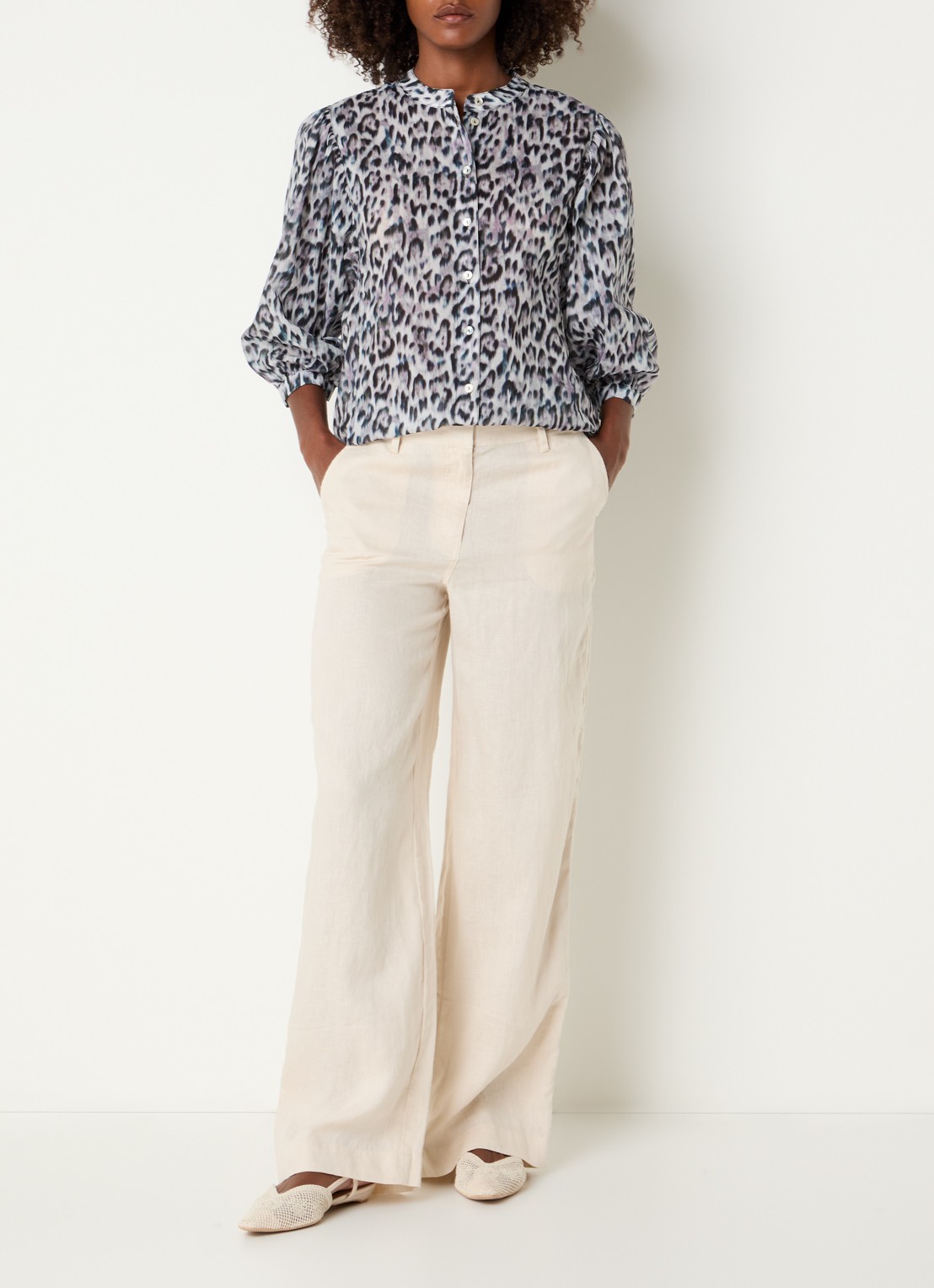 Expresso High waist loose fit broek van linnen met steekzakken - voorkant 4 creme