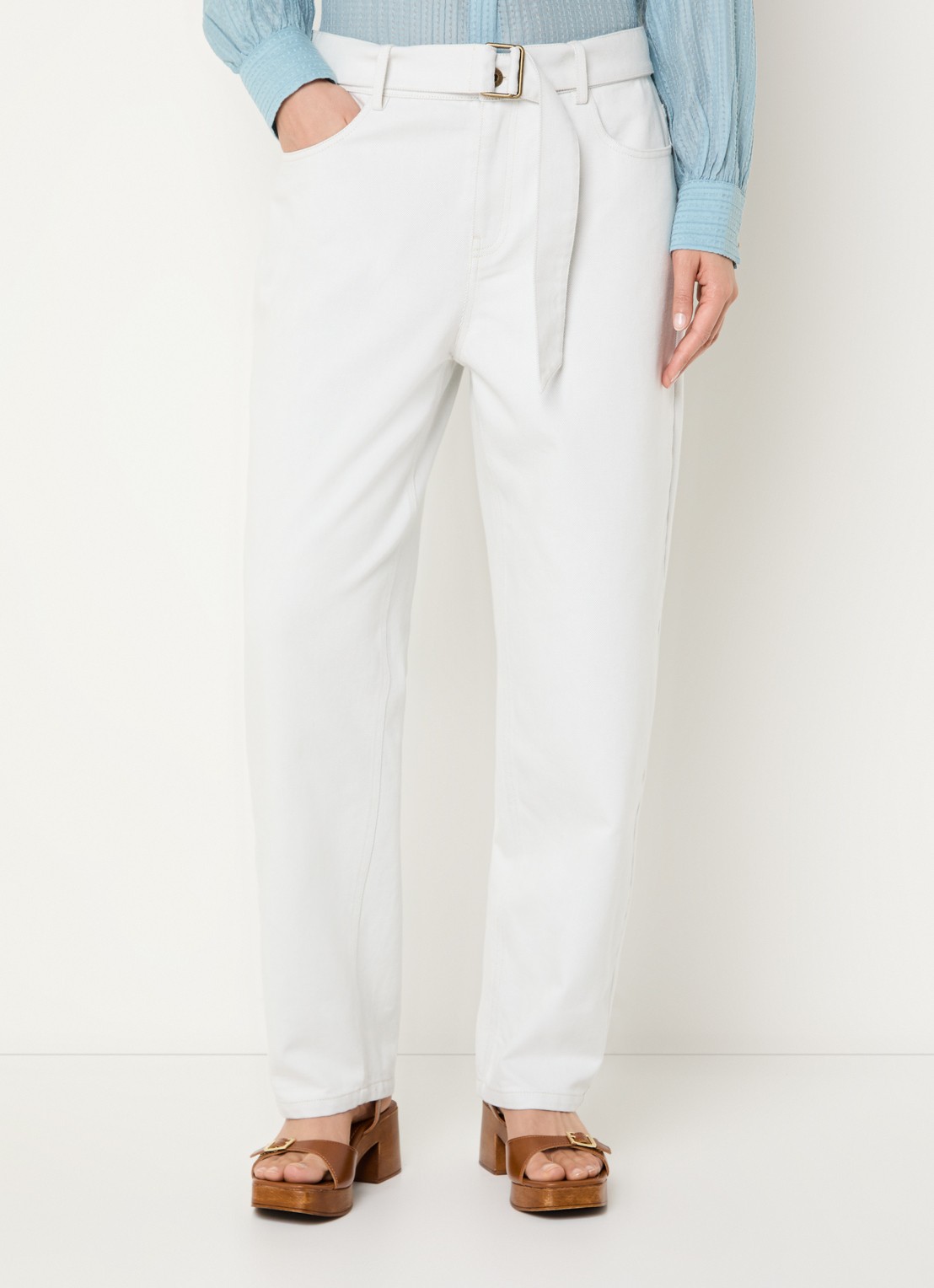Expresso High waist straight leg jeans met gekleurde wassing en ceintuur - detail 3 gebroken wit