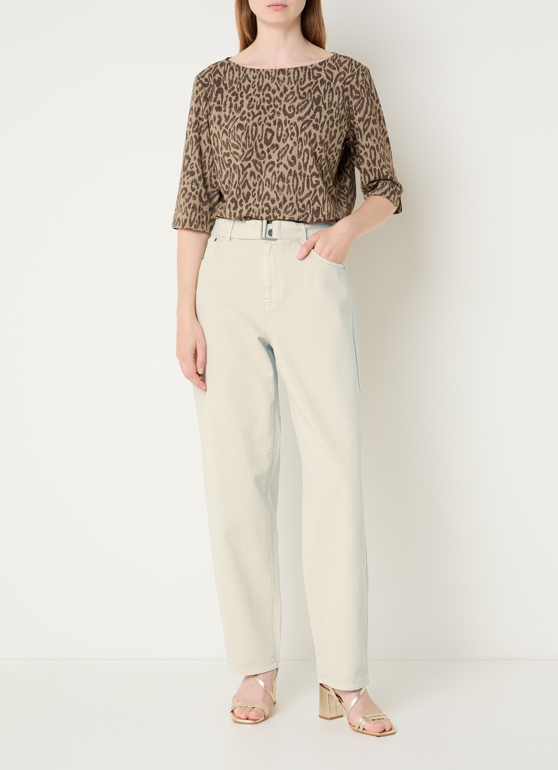 Expresso High waist straight leg jeans met gekleurde wassing en ceintuur - voorkant 3 beige