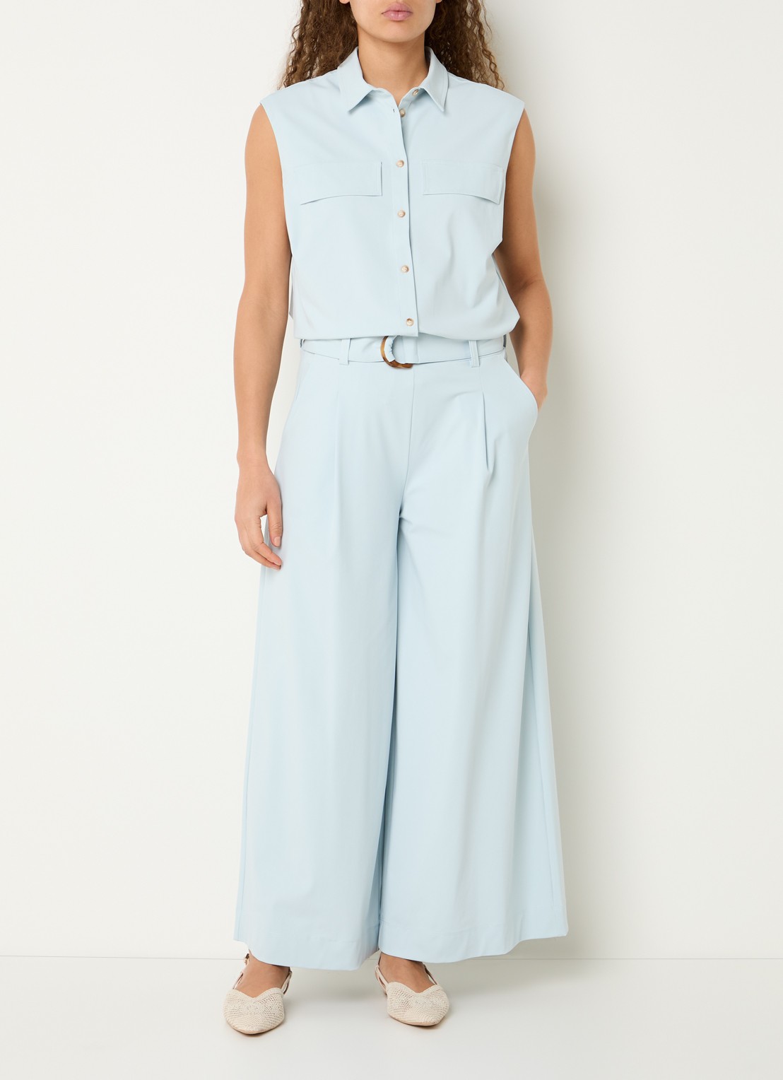 Expresso High waist wide fit palazzo broek met steekzakken - voorkant 3 lichtblauw