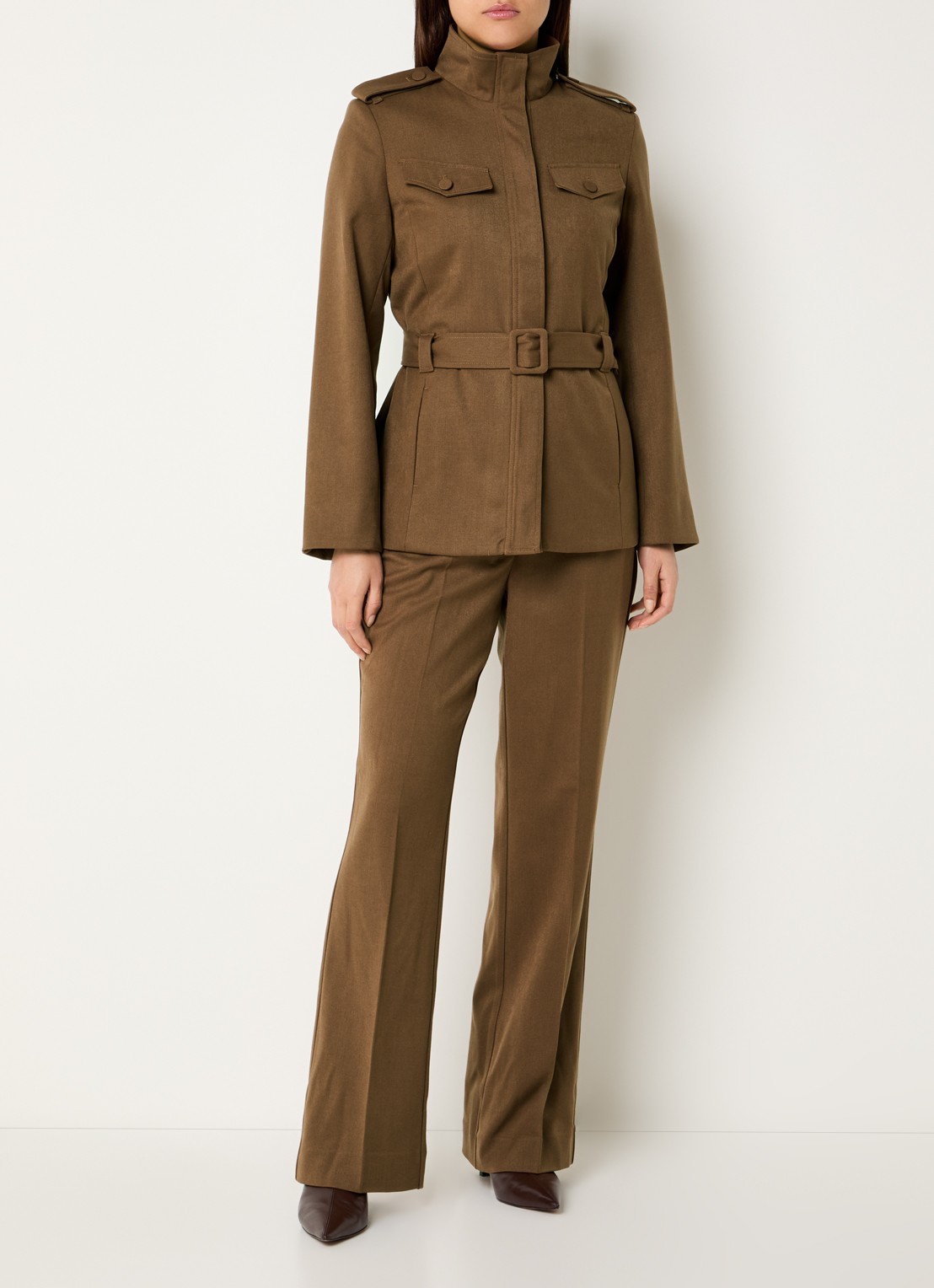 Expresso High waist wide fit pantalon in wolblend met steekzakken - voorkant 2 cognac