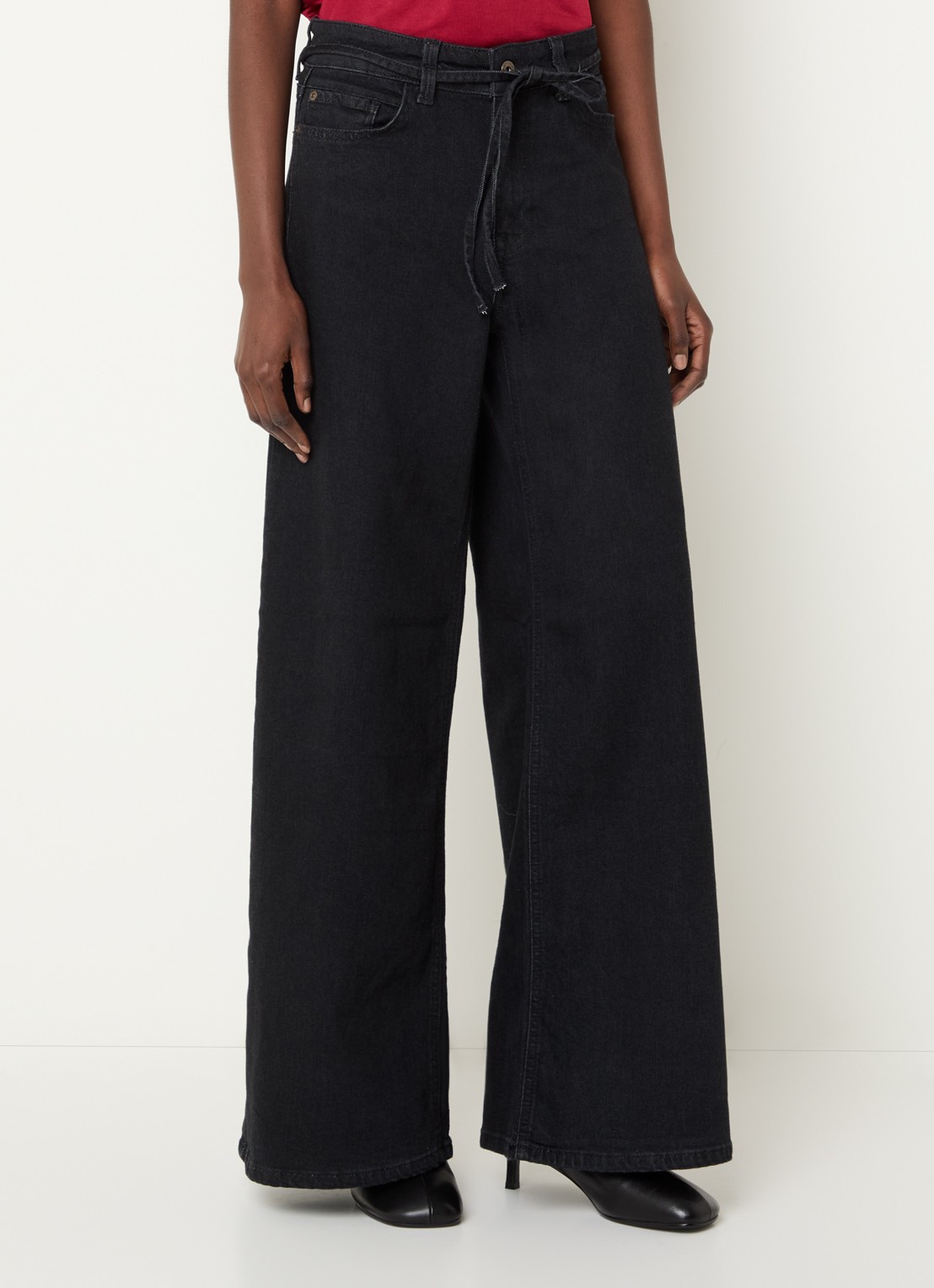 Expresso High waist wide leg jeans met strikceintuur - detail zwart