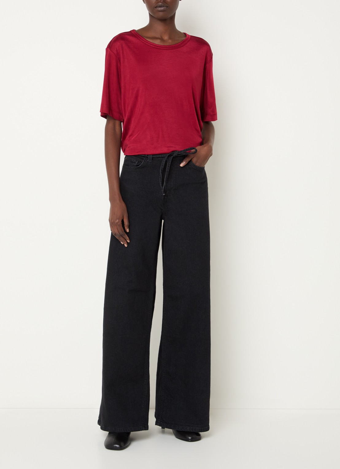 Expresso High waist wide leg jeans met strikceintuur - voorkant 5 zwart