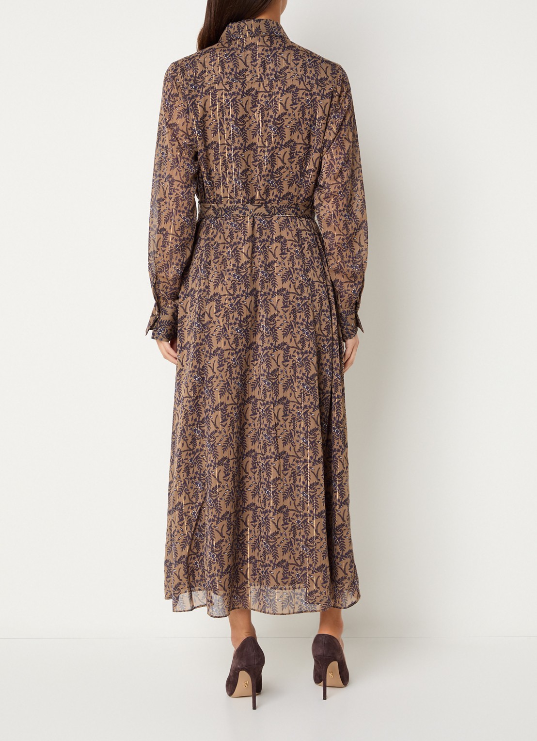 Expresso Maxi blouse jurk met print en strikceintuur - achterkant 2 lichtbruin