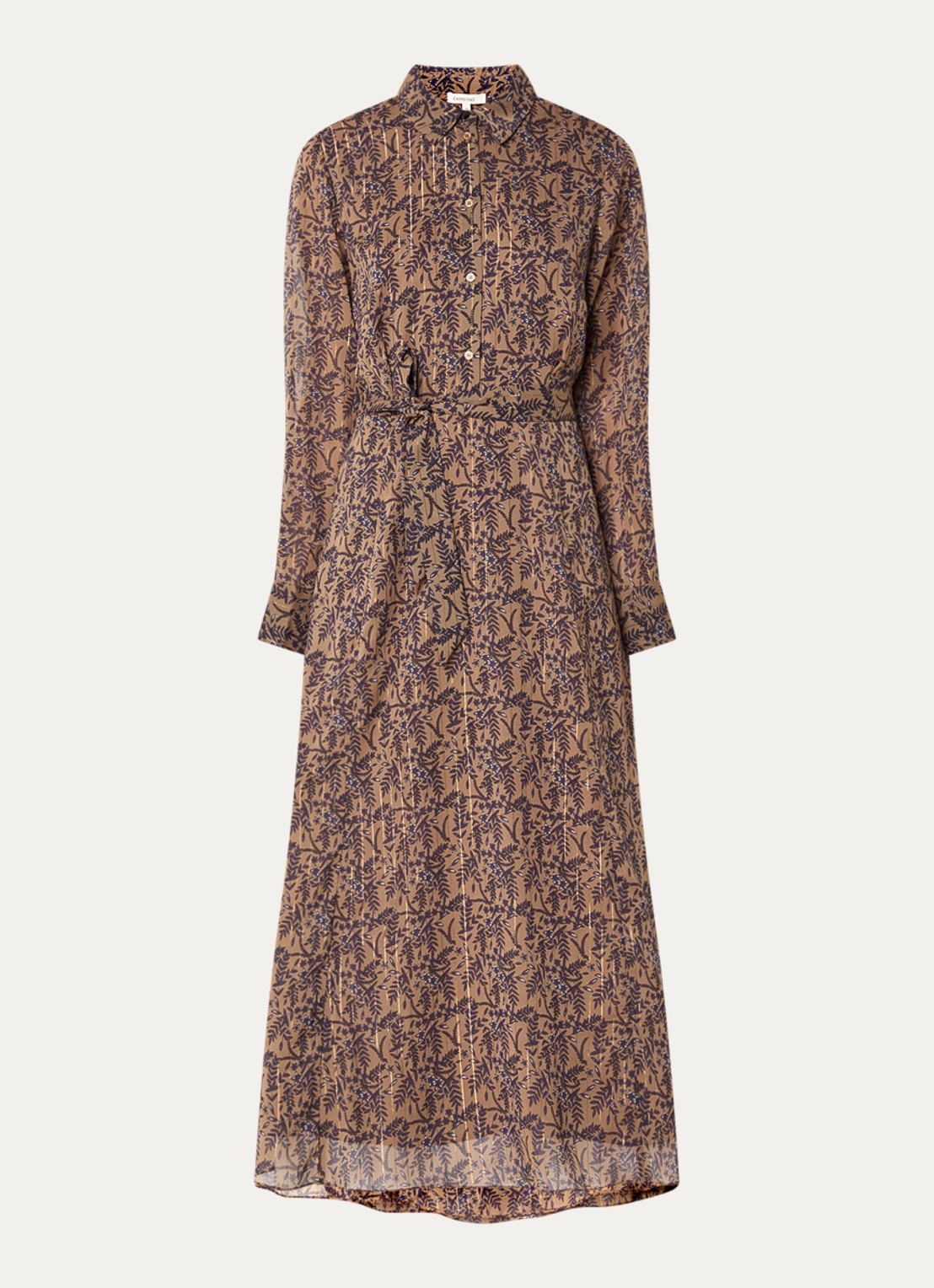 Expresso Maxi blouse jurk met print en strikceintuur - voorkant 3 lichtbruin