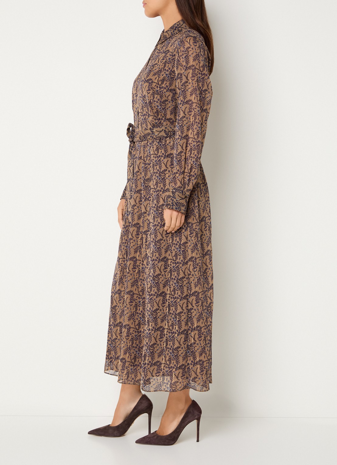 Expresso Maxi blouse jurk met print en strikceintuur - voorkant 4 lichtbruin