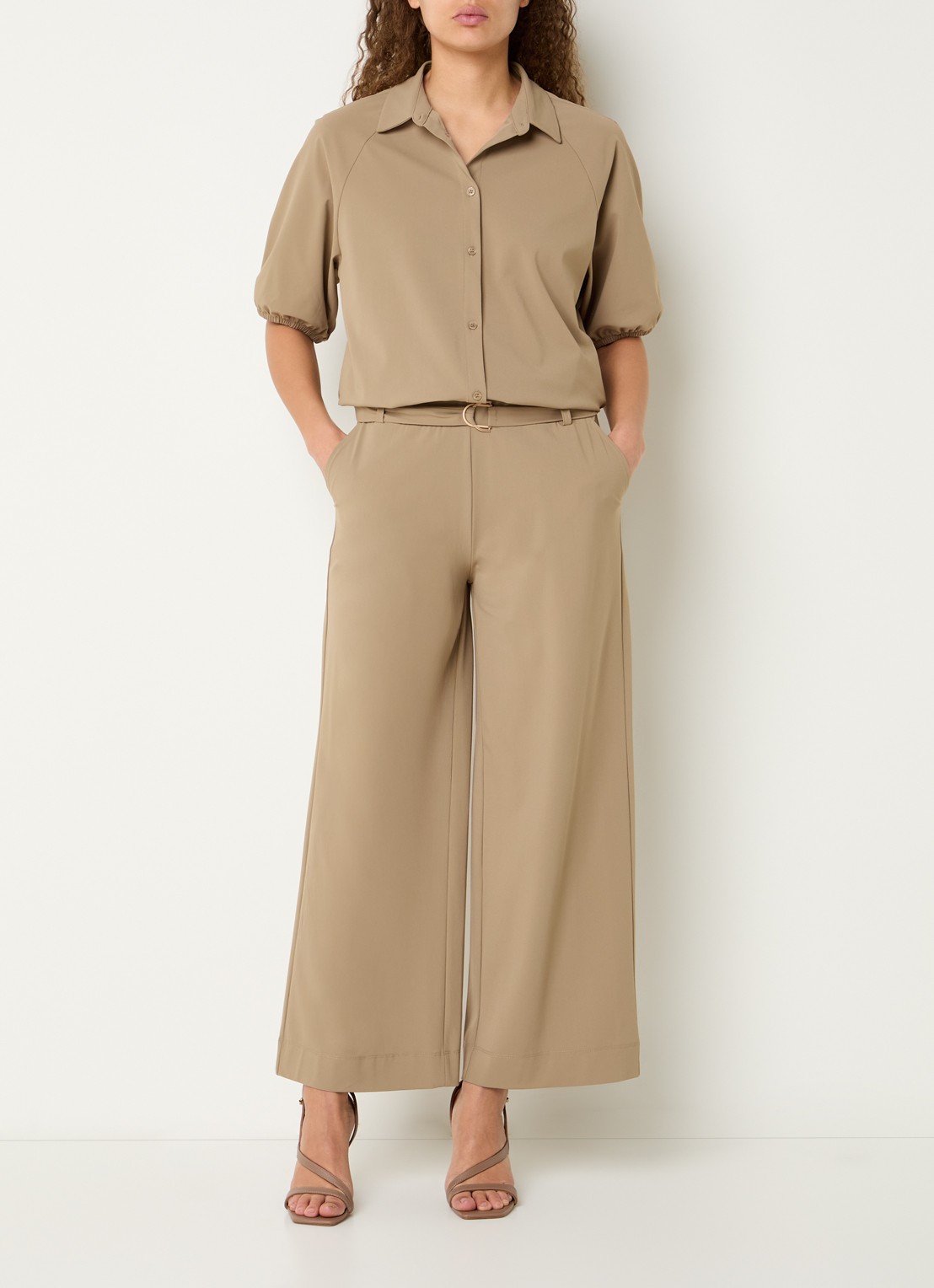 Expresso Mid waist loose fit pantalon met steekzakken - voorkant 4 lichtbruin