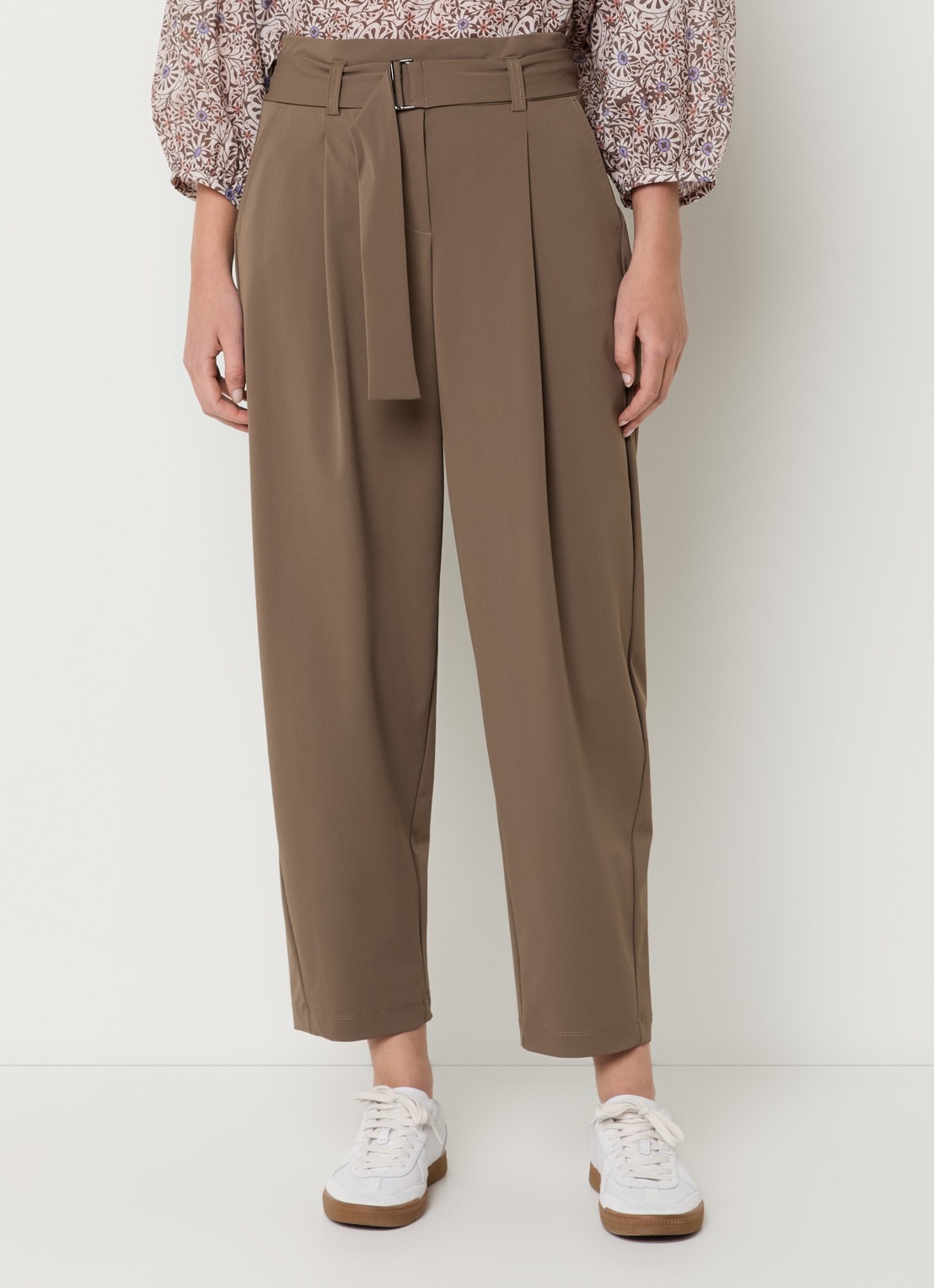 Expresso Mid waist straight fit cropped broek van travelstof met ceintuur - detail bruin