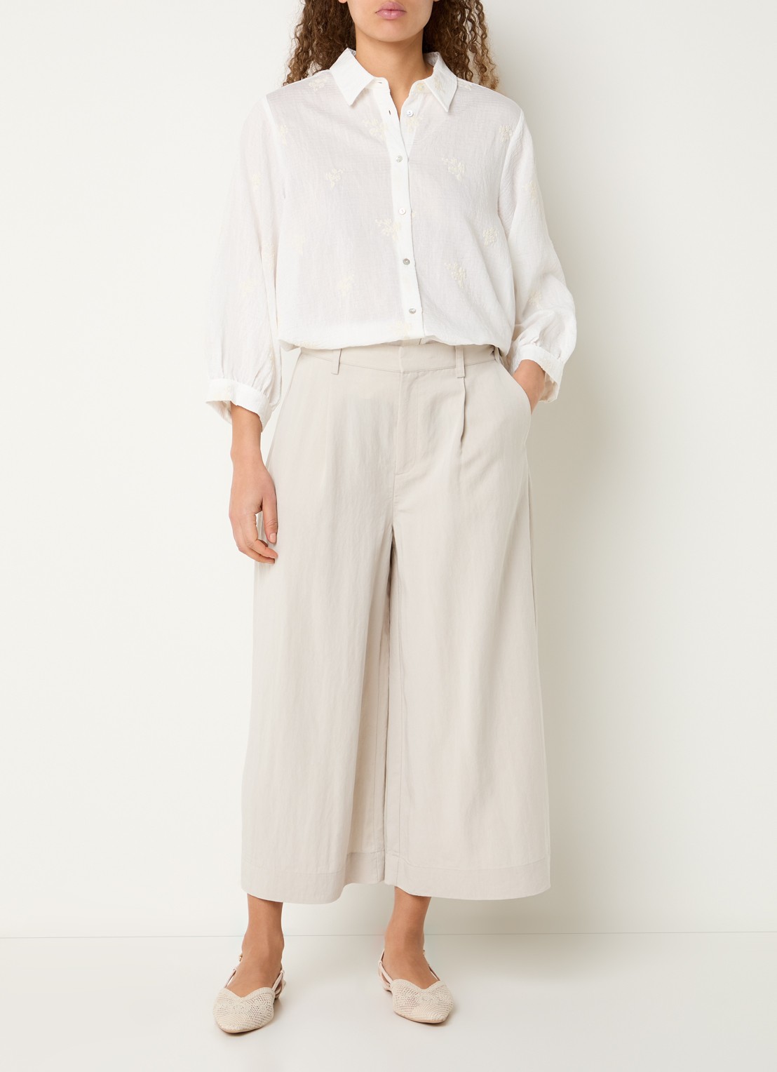 Expresso Mid waist wide fit culotte met steekzakken - voorkant 2 creme