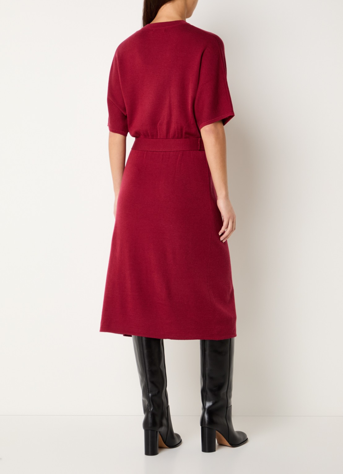 Expresso Midi jurk in wolblend met ceintuur - achterkant cranberryrood