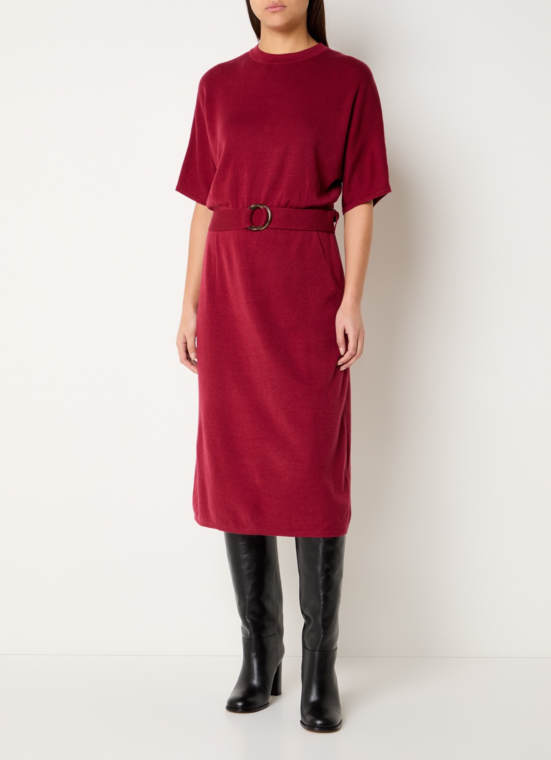 Expresso Midi jurk in wolblend met ceintuur - detail 4 cranberryrood